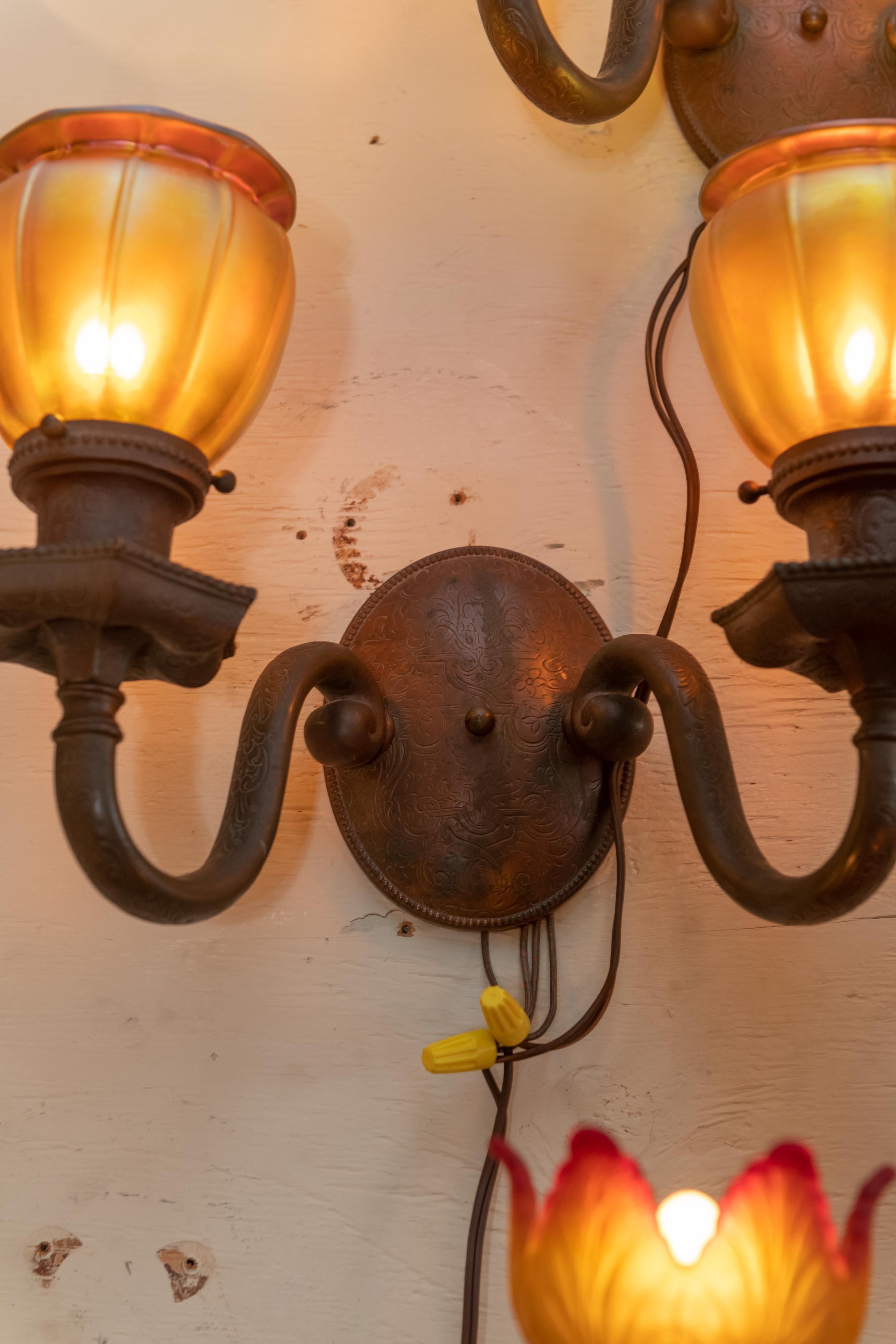 Late Victorian Double Arm Bronze Sconces with 4 Steuben Hand Blown Art Glass Shades 1910, Pair