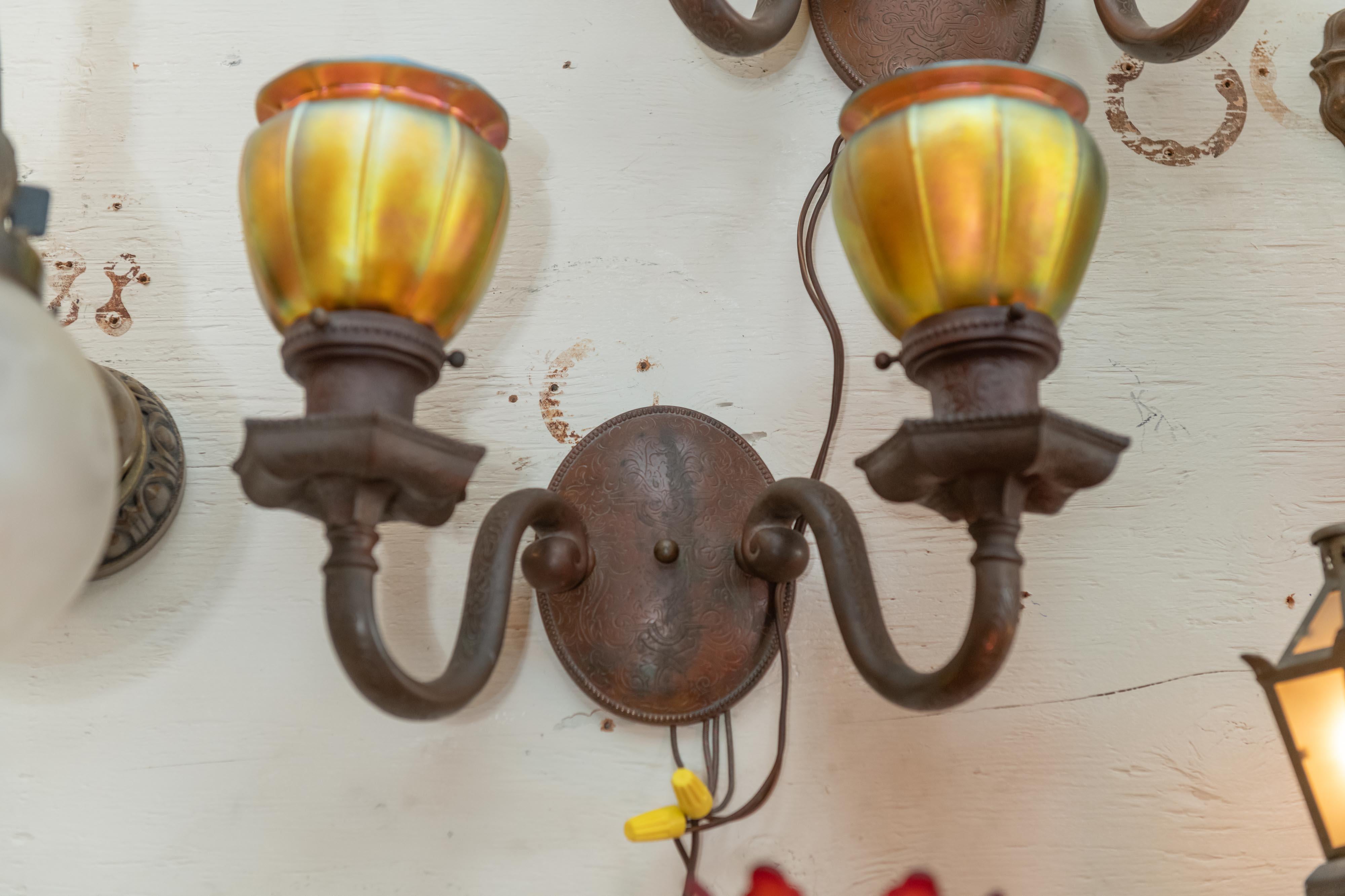 Double Arm Bronze Sconces with 4 Steuben Hand Blown Art Glass Shades 1910, Pair In Good Condition In Petaluma, CA