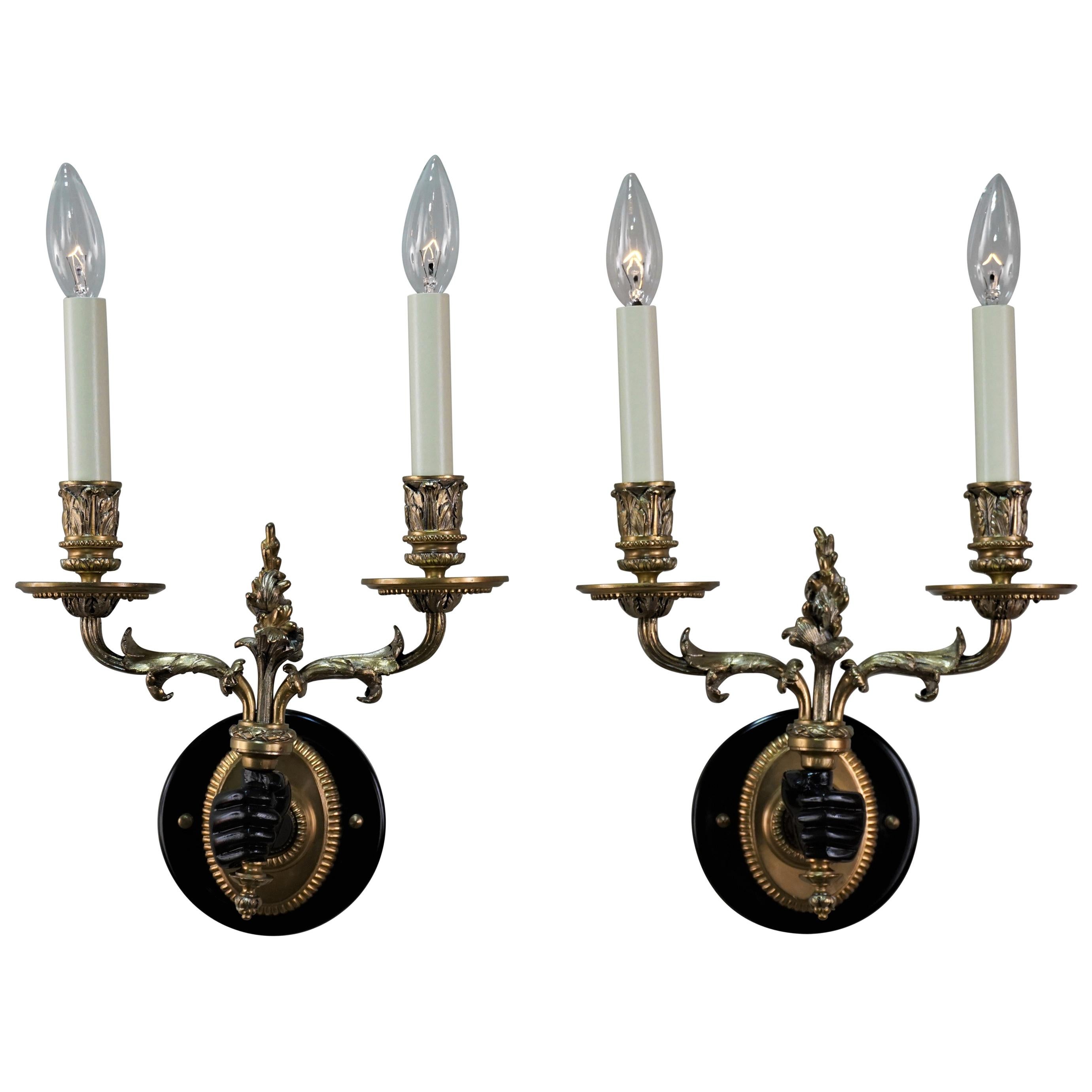 Pair of Double Arm Bronze Wall Sconces