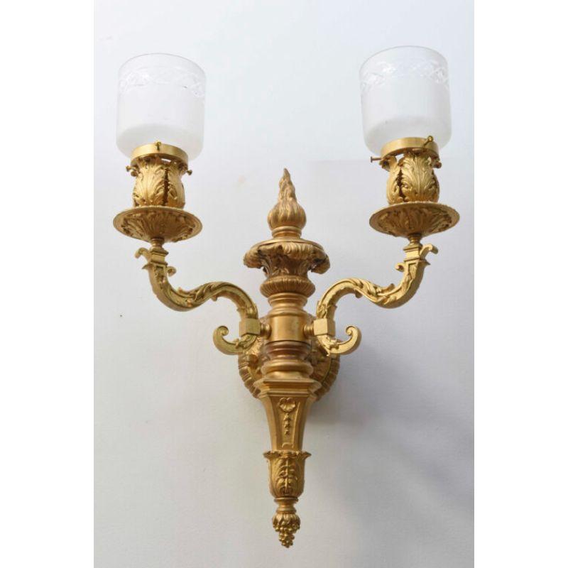 20th Century Pair of Double Arm Gilt Sconces with Cut Glass Shades For Sale