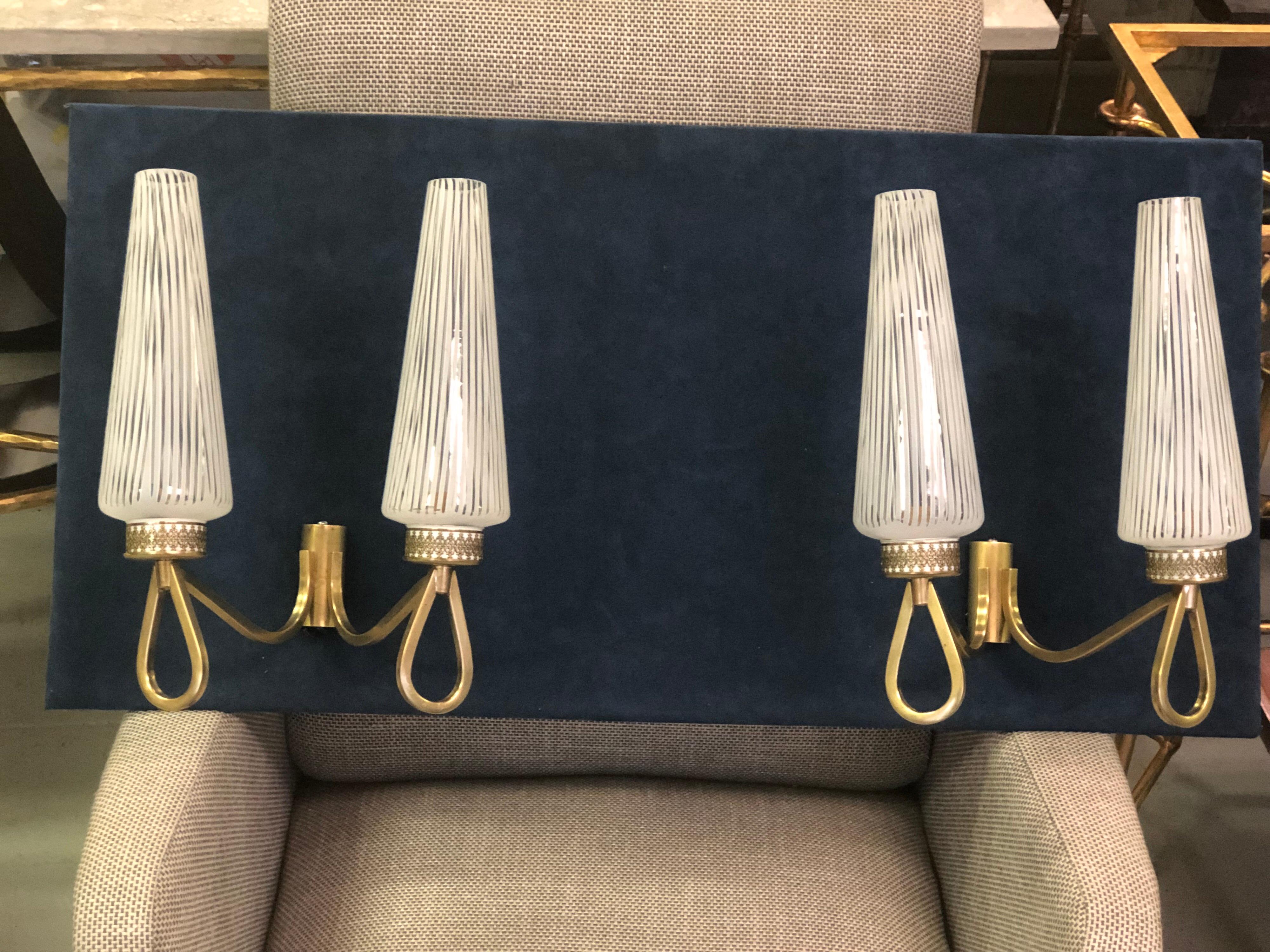 Mid-Century Modern Pair of Double Arm Italian Midcentury Murano Sconces with Glass by Venini