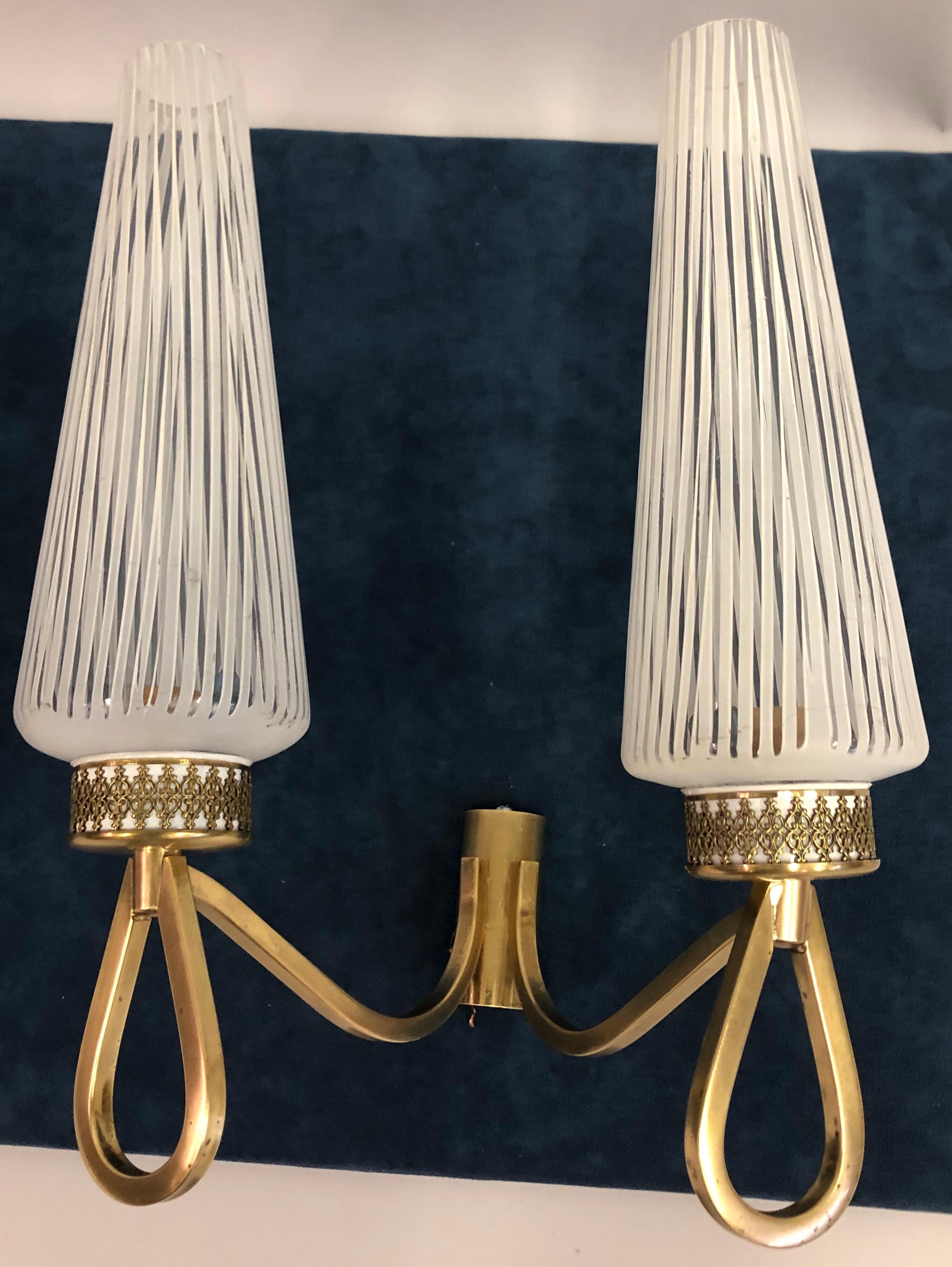 20th Century Pair of Double Arm Italian Midcentury Murano Sconces with Glass by Venini