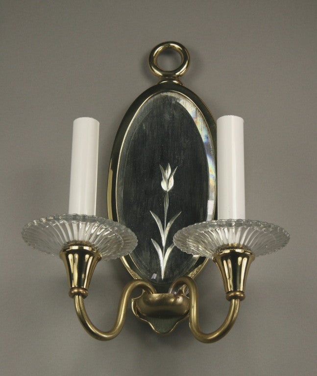 Pair of Double Arm Mirrored Sconce In Good Condition In Douglas Manor, NY