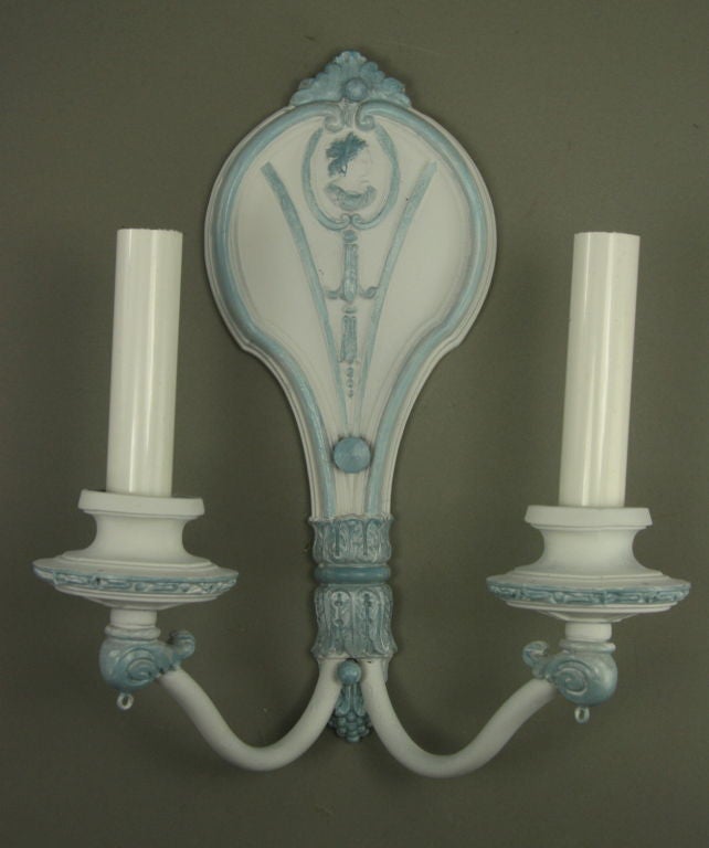 1-4069 pair of 1920s double arm hand painted in a white-pale blue color.