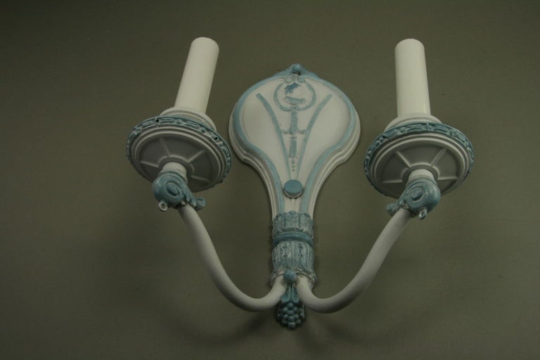 Pair of Double Arm Pale Blue Sconces circa 1920's In Good Condition In Douglas Manor, NY