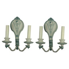 Antique Pair of Double Arm Pale Blue Sconces circa 1920's