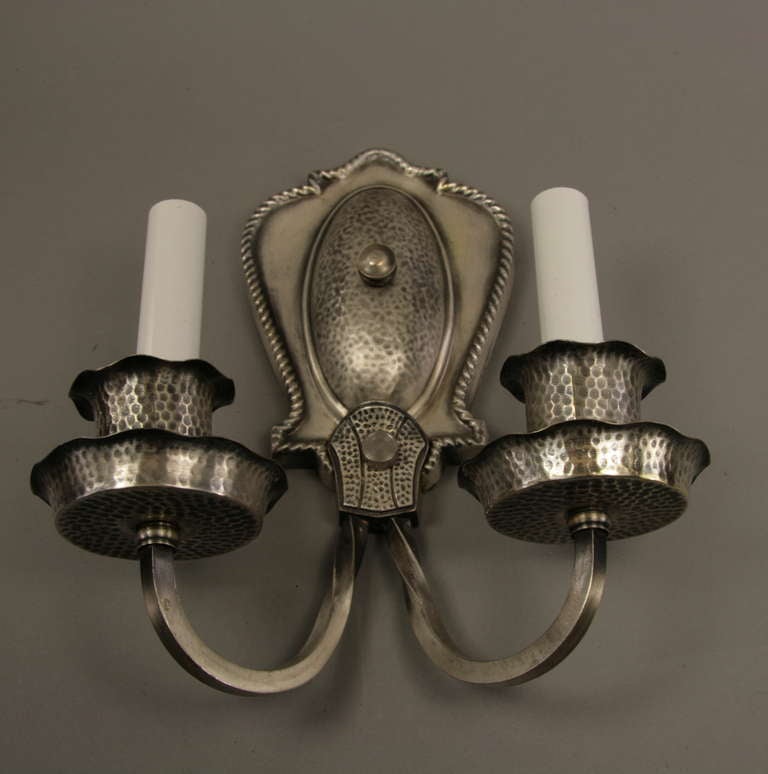  Silver Plated 2 arm sconces circa 1920's In Good Condition For Sale In Douglas Manor, NY