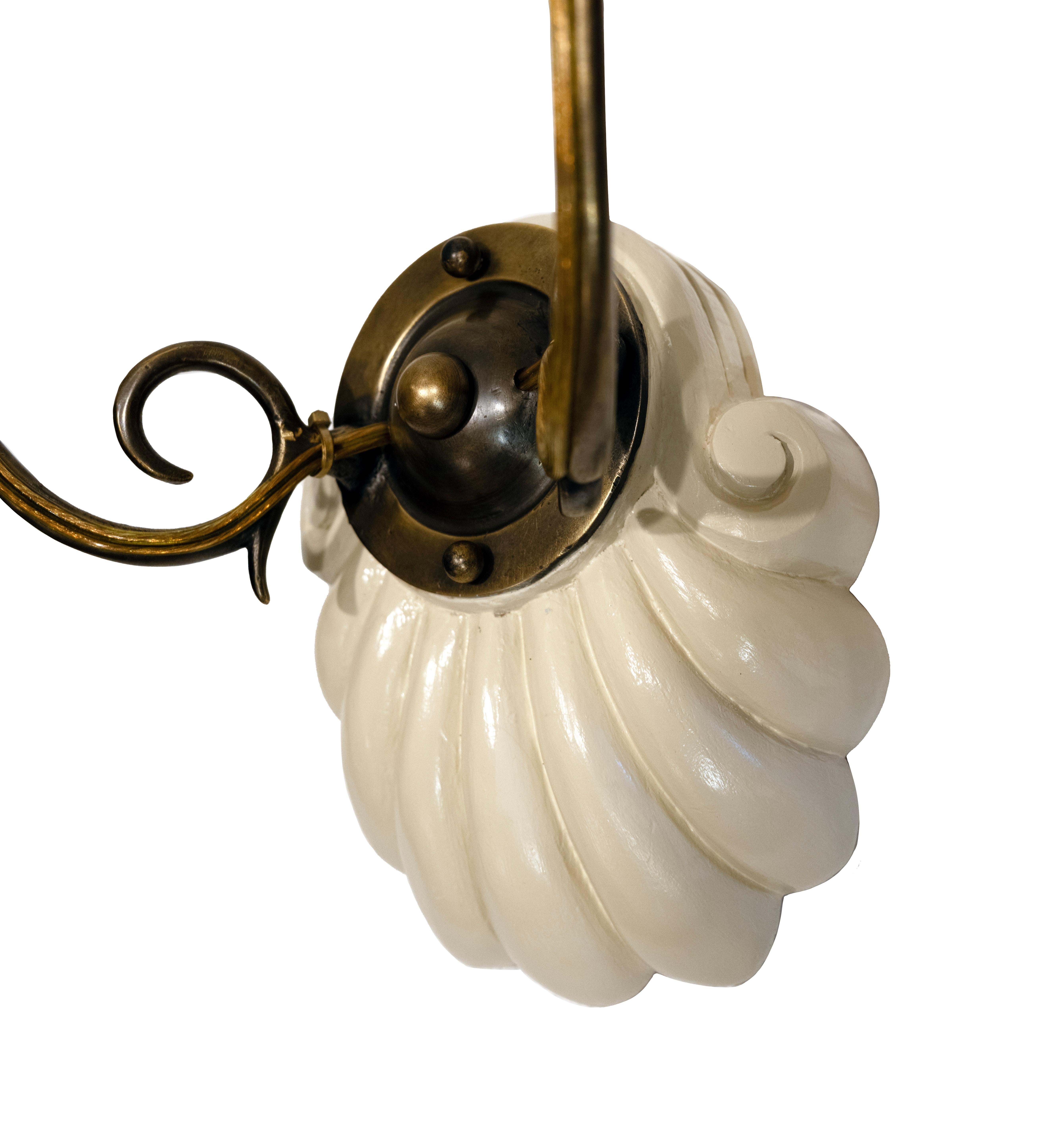 American Pair of Double-Armed Scallop Sconces with Pink Hurricane Shades by David Duncan For Sale