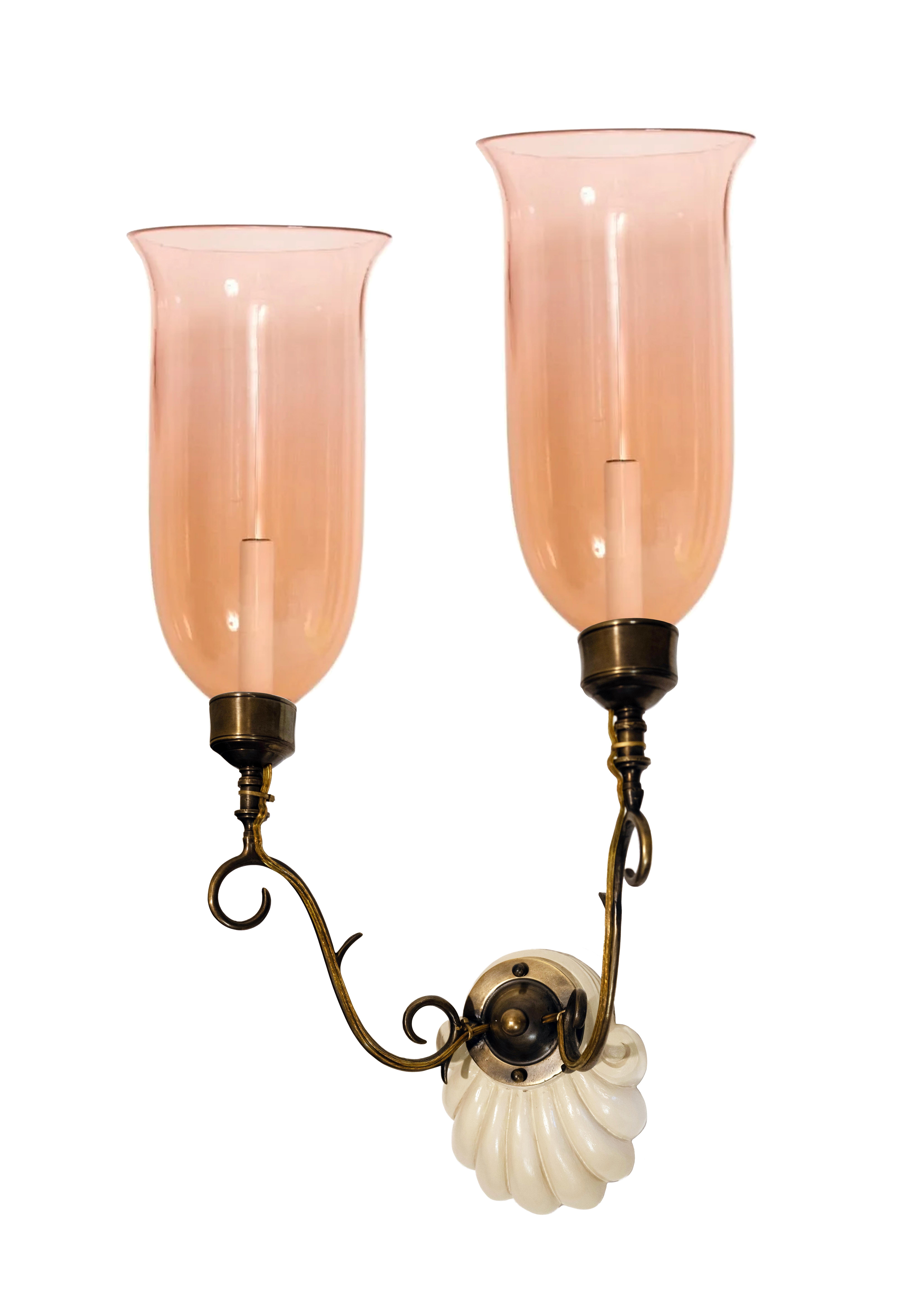 Hand-Carved Pair of Double-Armed Scallop Sconces with Pink Hurricane Shades by David Duncan For Sale
