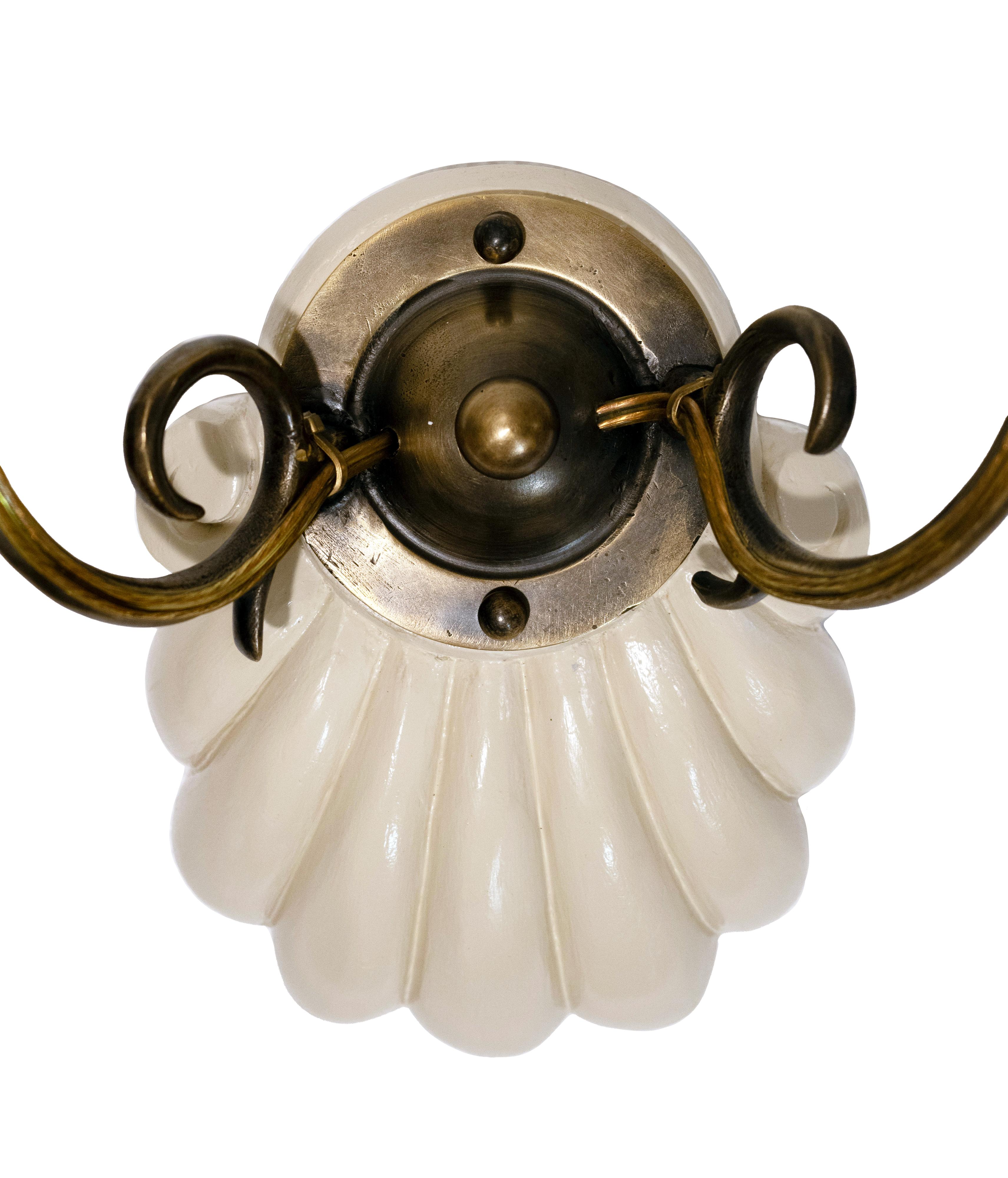 Pair of Double-Armed Scallop Sconces with Pink Hurricane Shades by David Duncan In New Condition For Sale In New York, NY