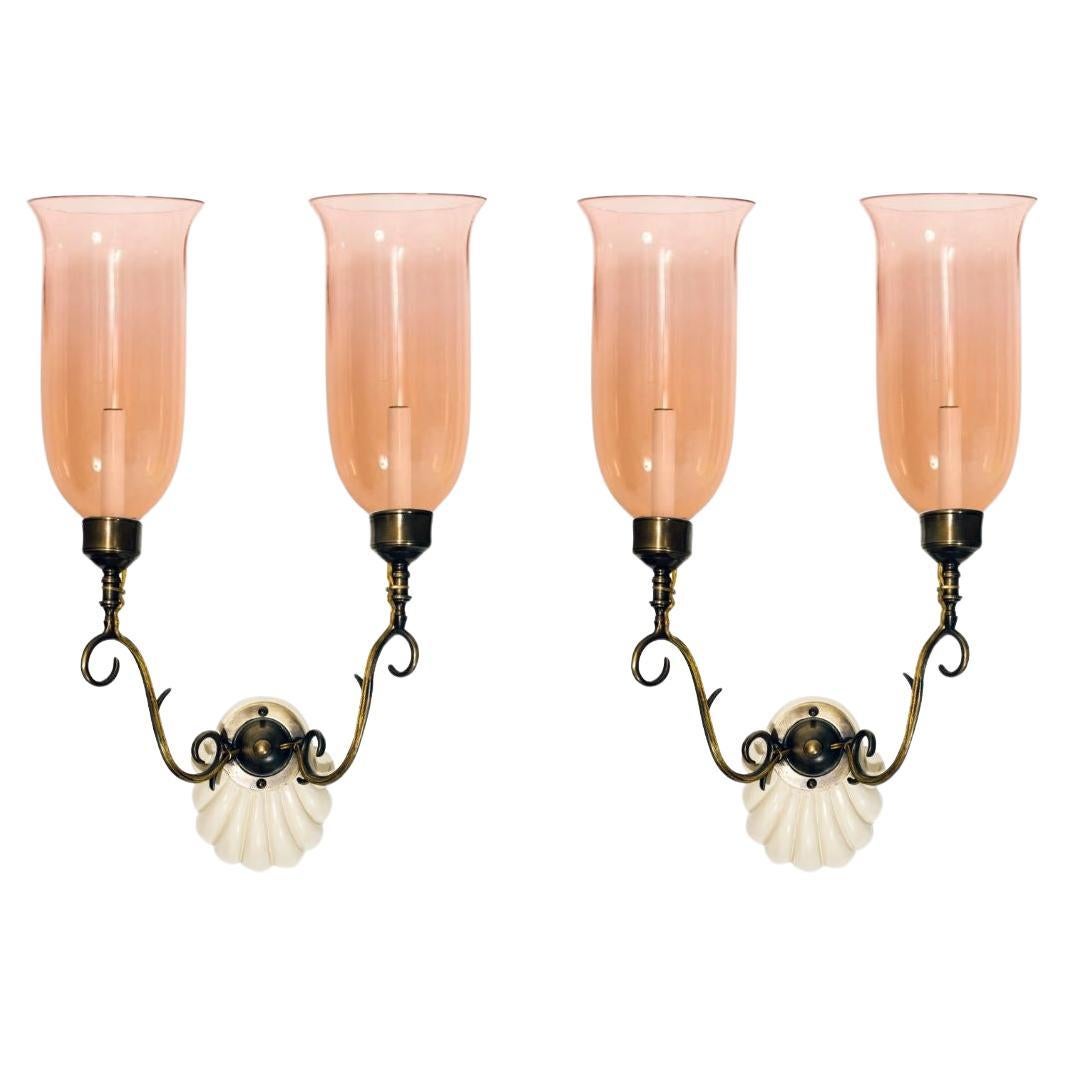 Pair of Double-Armed Scallop Sconces with Pink Hurricane Shades by David Duncan For Sale