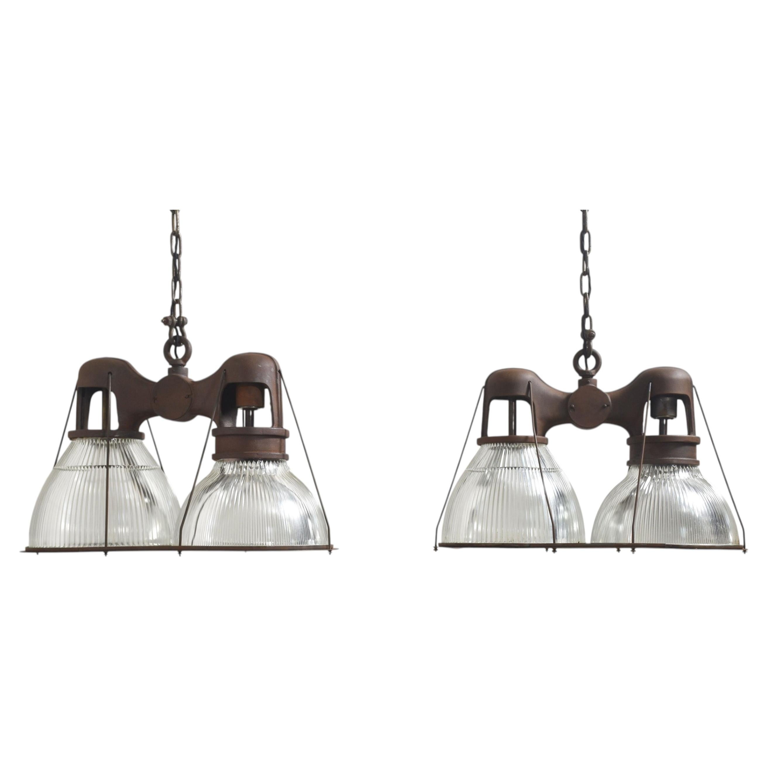 Pair Of Double Dome Holophane Chandeliers For Sale