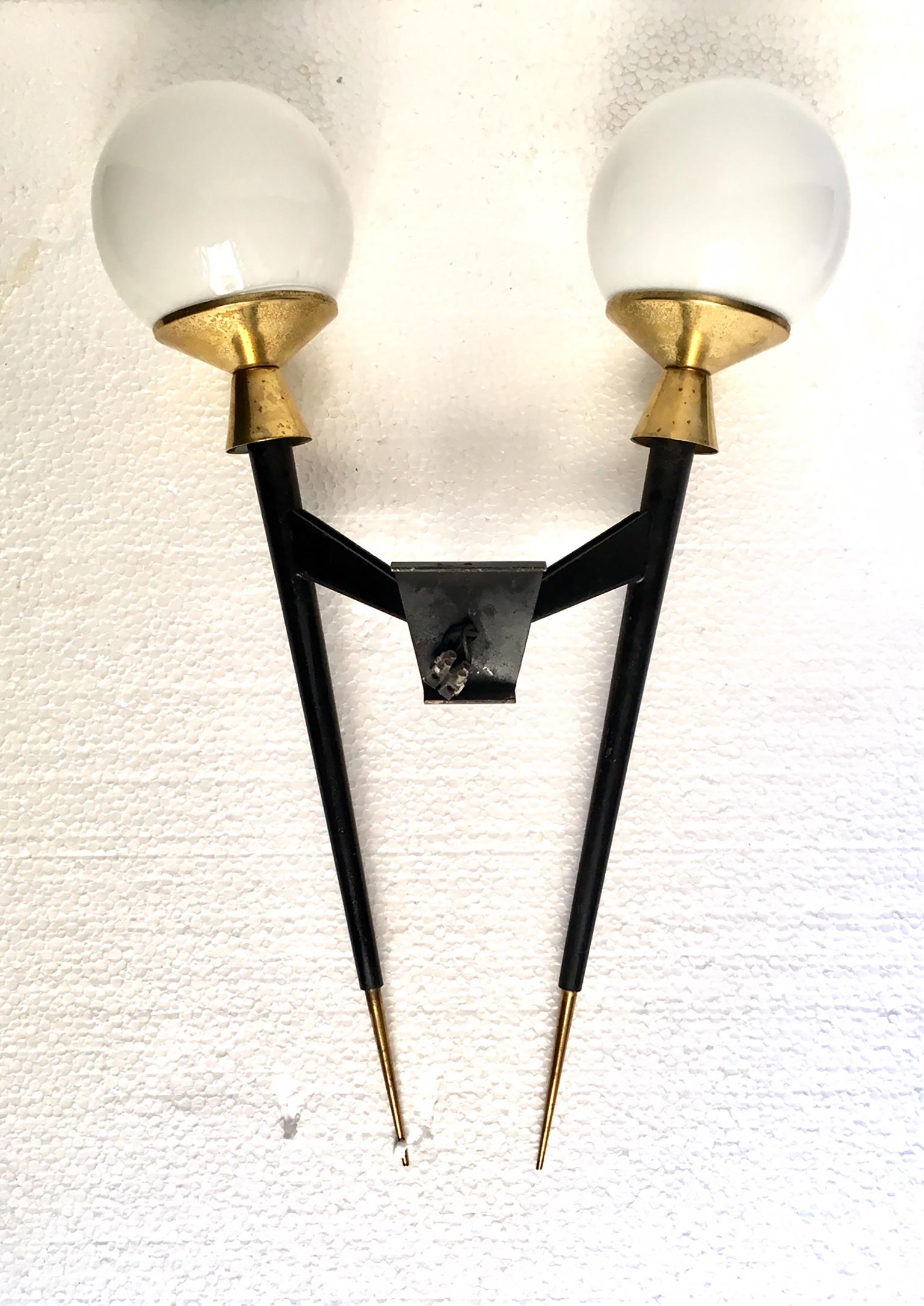 Iron Pair of Mid-Century Double French Torchère Wall  Sconces