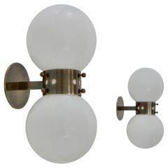 Pair of Double Globe Sconces in Dark Brass Attr to Mazzega