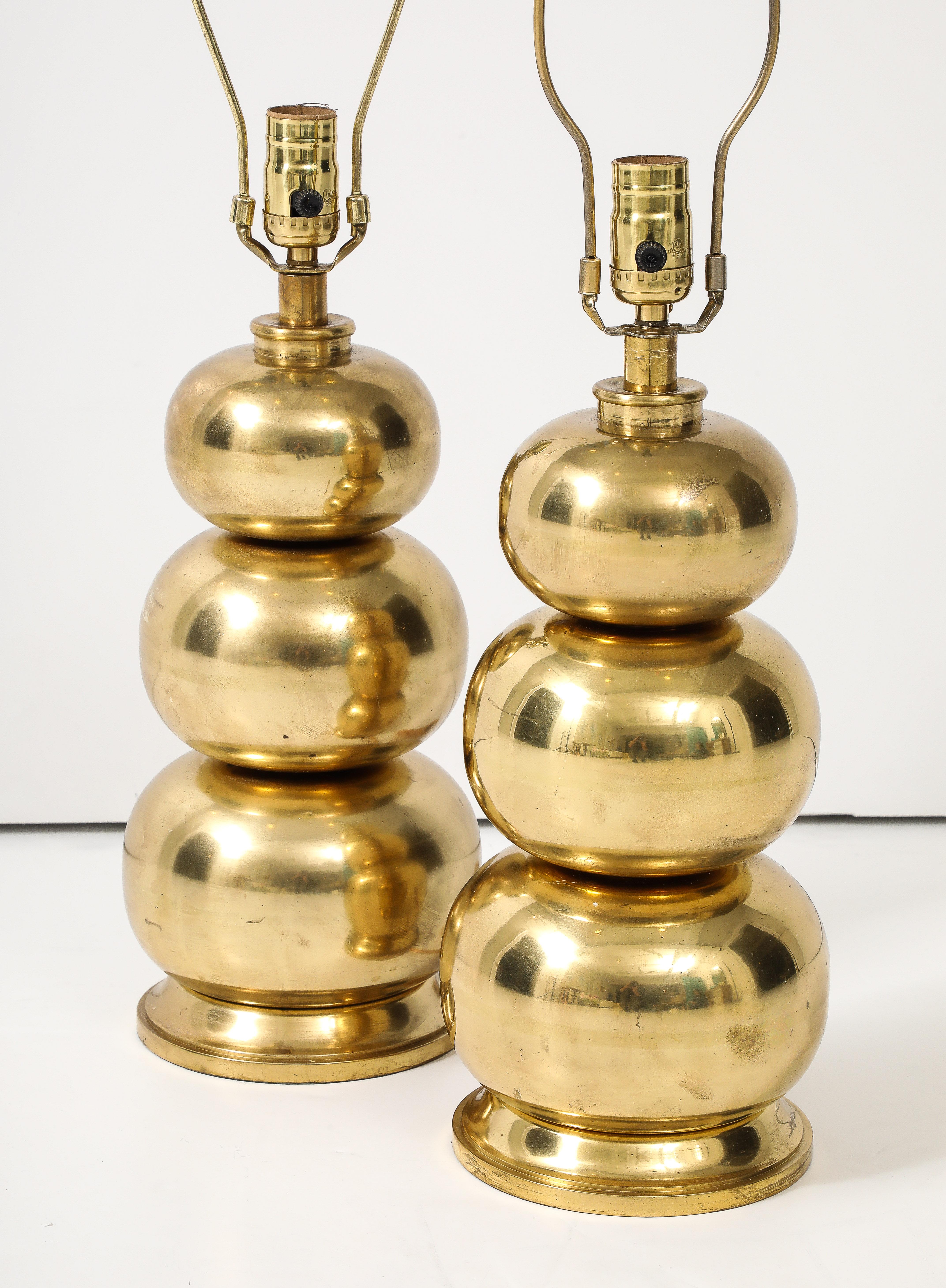 20th Century Pair of Triple Gourd Brass Lamps