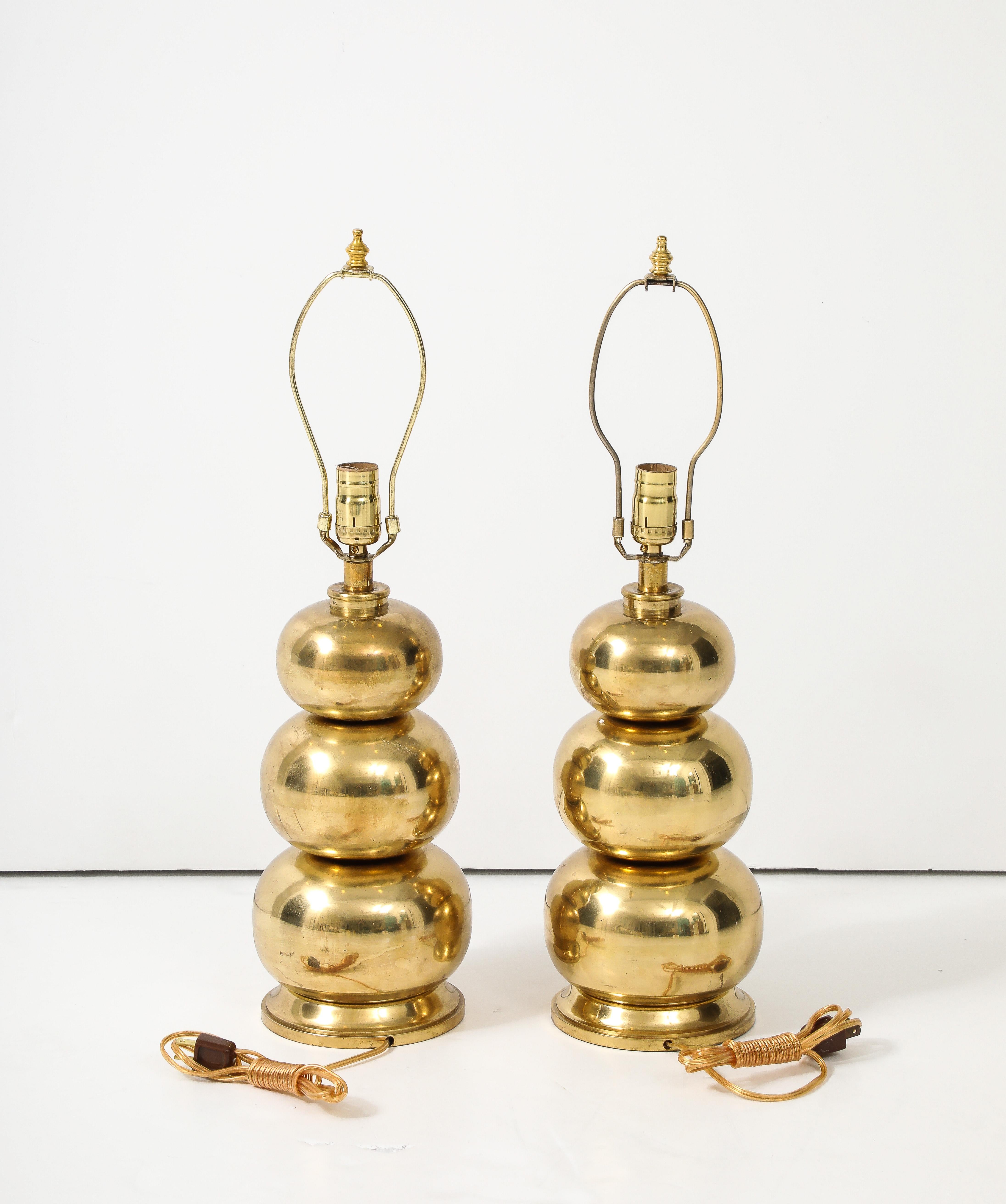 Pair of Triple Gourd Brass Lamps 2