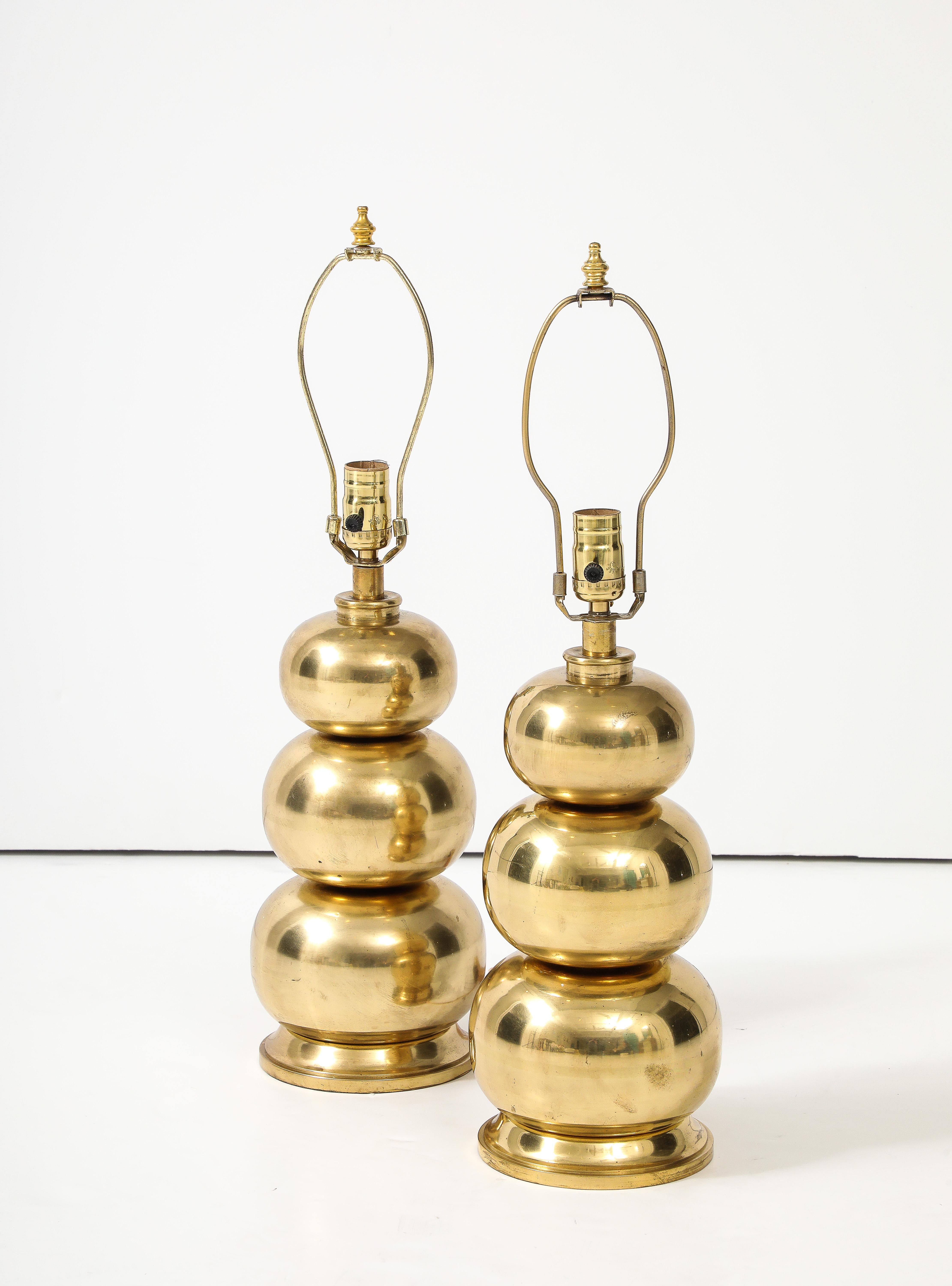 Pair of Triple Gourd Brass Lamps 4