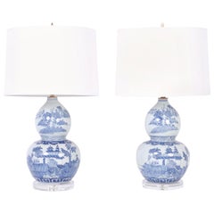 Pair of Double Gourd Chinese Blue and White Table Lamps