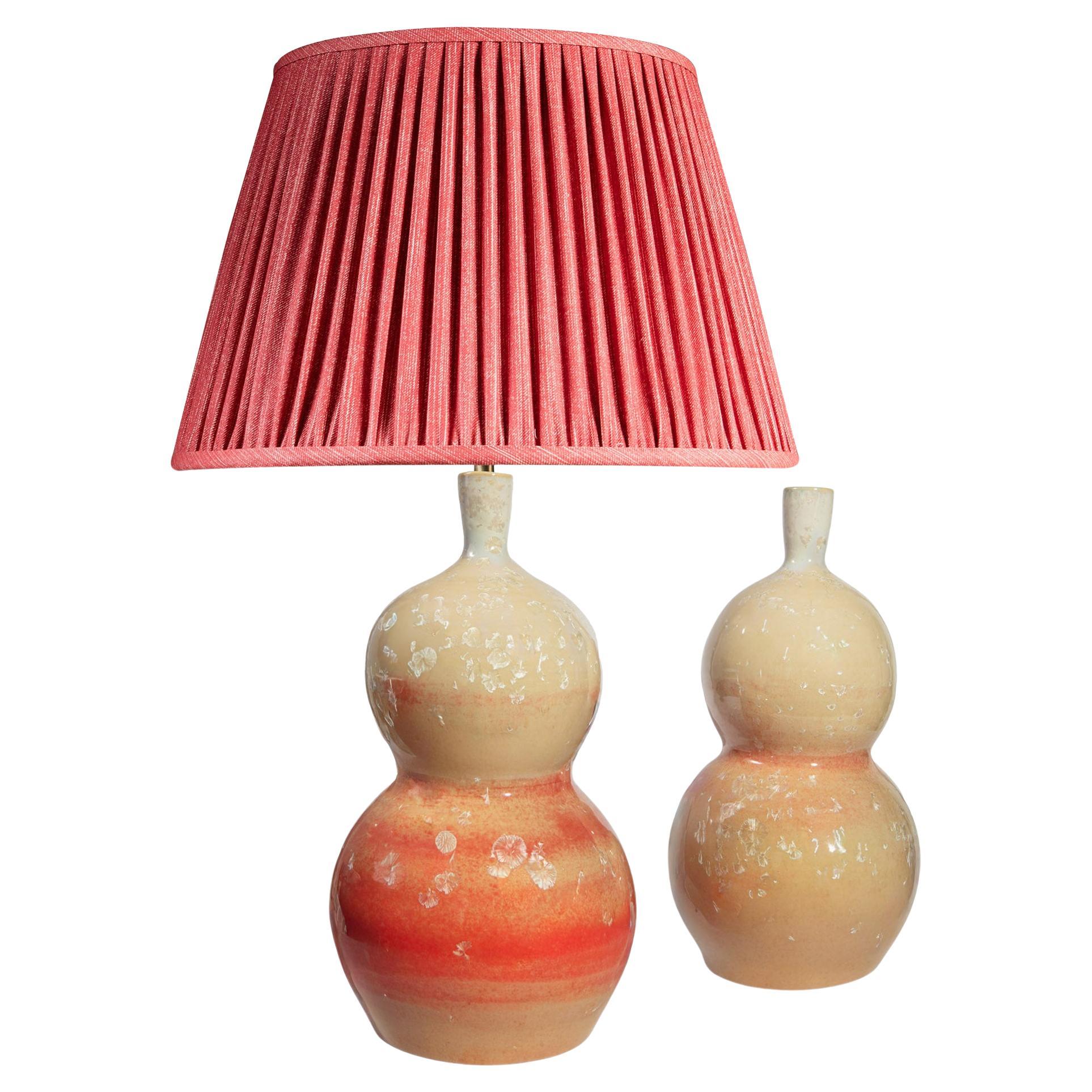 Paire de lampes de table en céramique à double gourde et émail cristallin