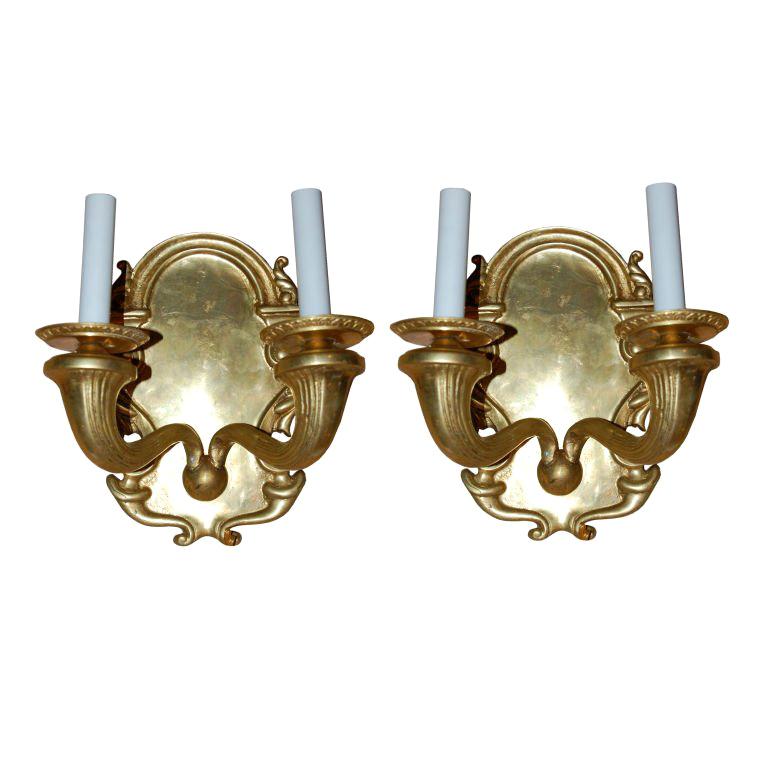 Pair of Double Light Gilt Bronze Sconces  ca 1920's For Sale