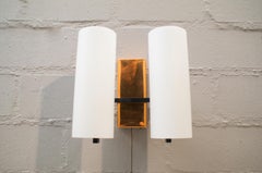 Pair of Double Midcentury Copper and Milk Glass Tubes Wall Lamps, Austria, 1960s