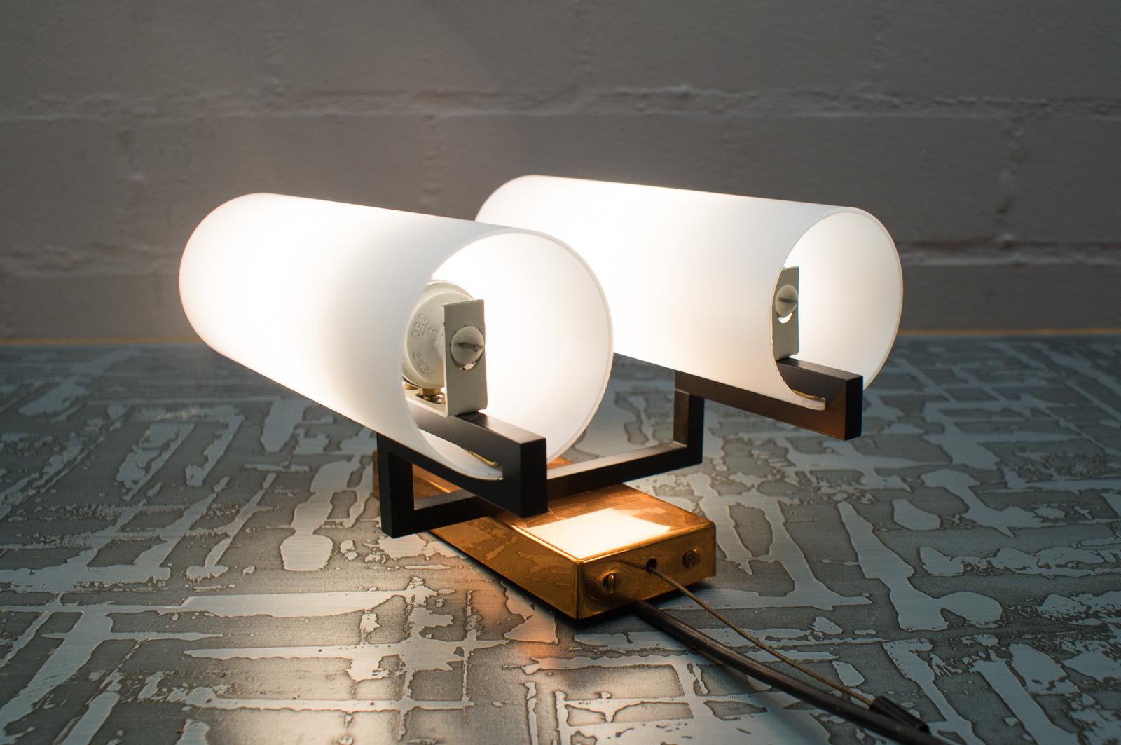 Mid-Century Modern Pair of Double Midcentury Copper and Milk Glass Tubes Wall Lamps, Austria, 1960s For Sale