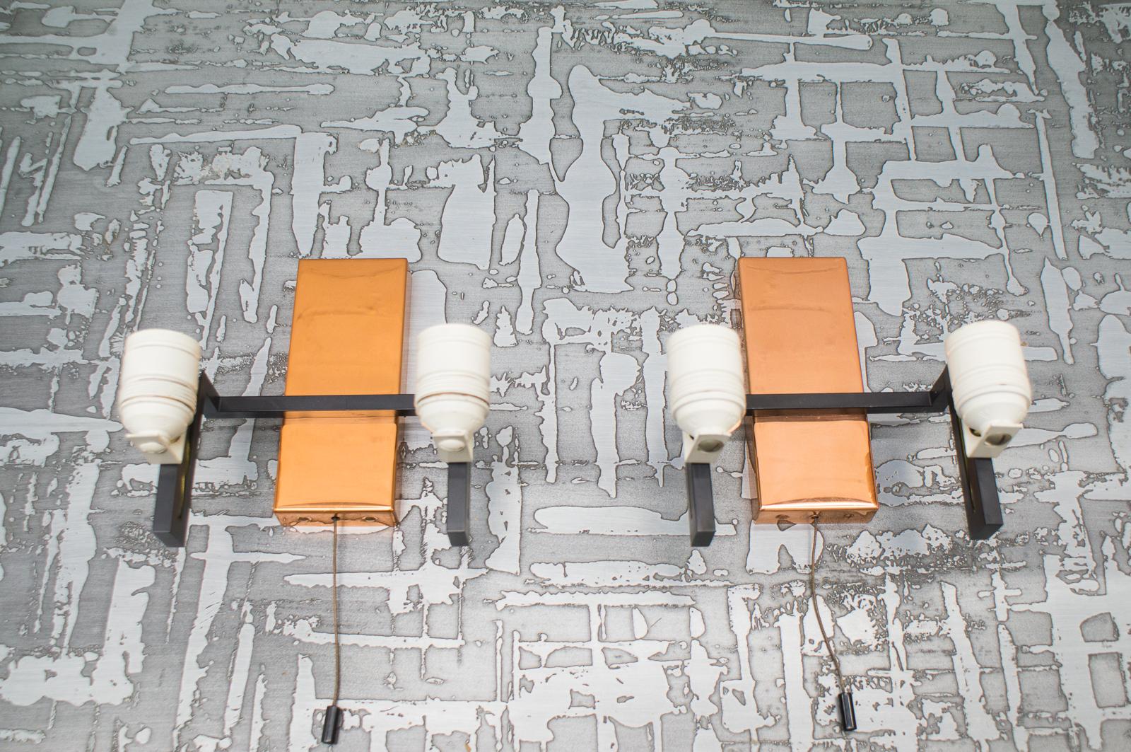Mid-20th Century Pair of Double Midcentury Copper and Milk Glass Tubes Wall Lamps, Austria, 1960s For Sale