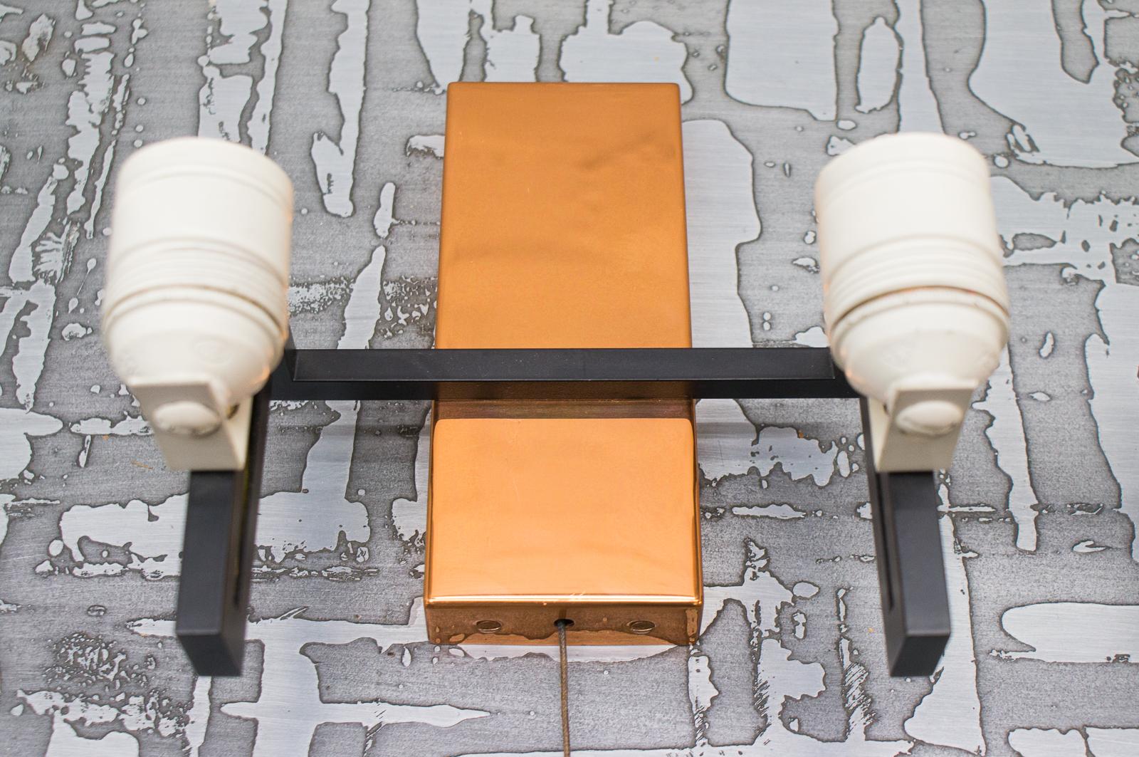 Pair of Double Midcentury Copper and Milk Glass Tubes Wall Lamps, Austria, 1960s For Sale 1