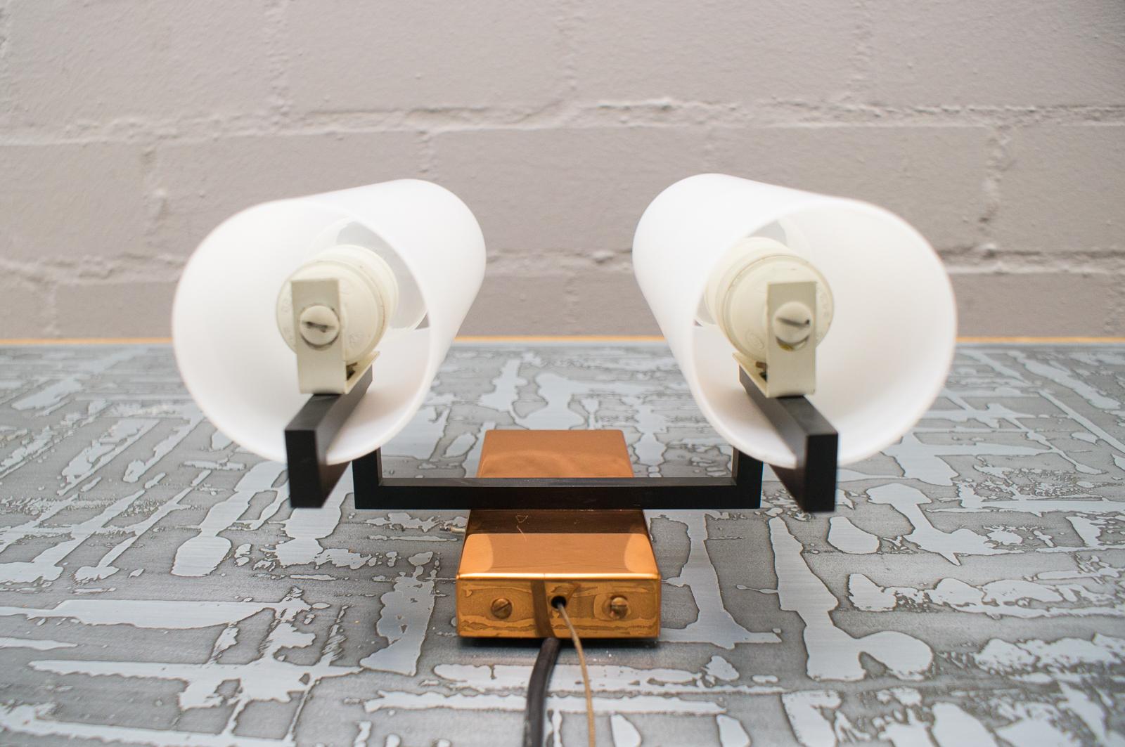 Pair of Double Midcentury Copper and Milk Glass Tubes Wall Lamps, Austria, 1960s For Sale 2