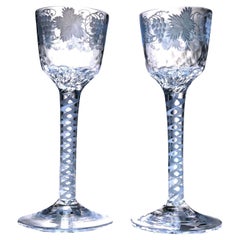 Antique Pair of Double Opaque Twist Wine Glasses, England C1760