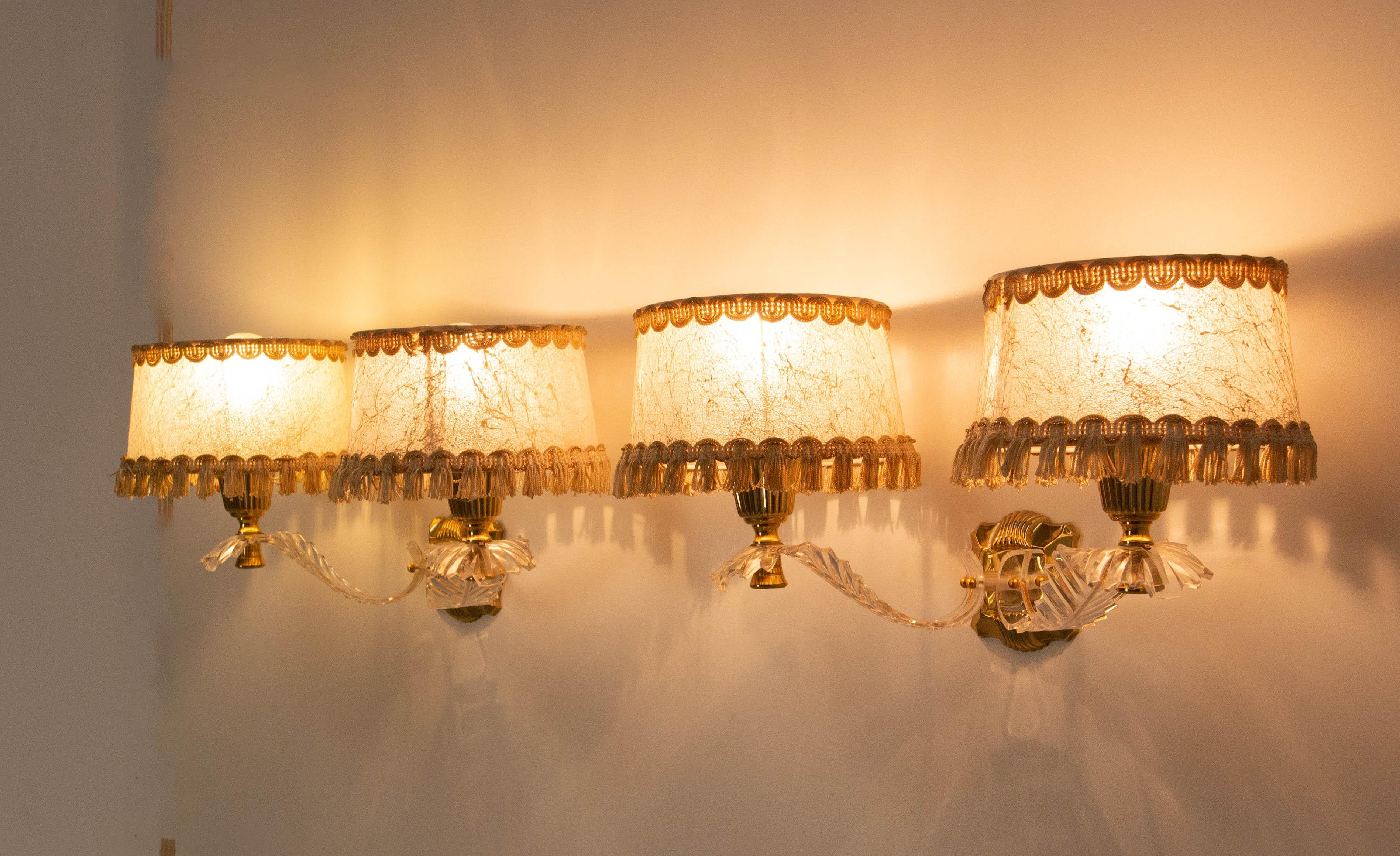 Pair of Double Sconces Brass and Resin with Lampshades, Louis XV style c 1960 Francés en venta