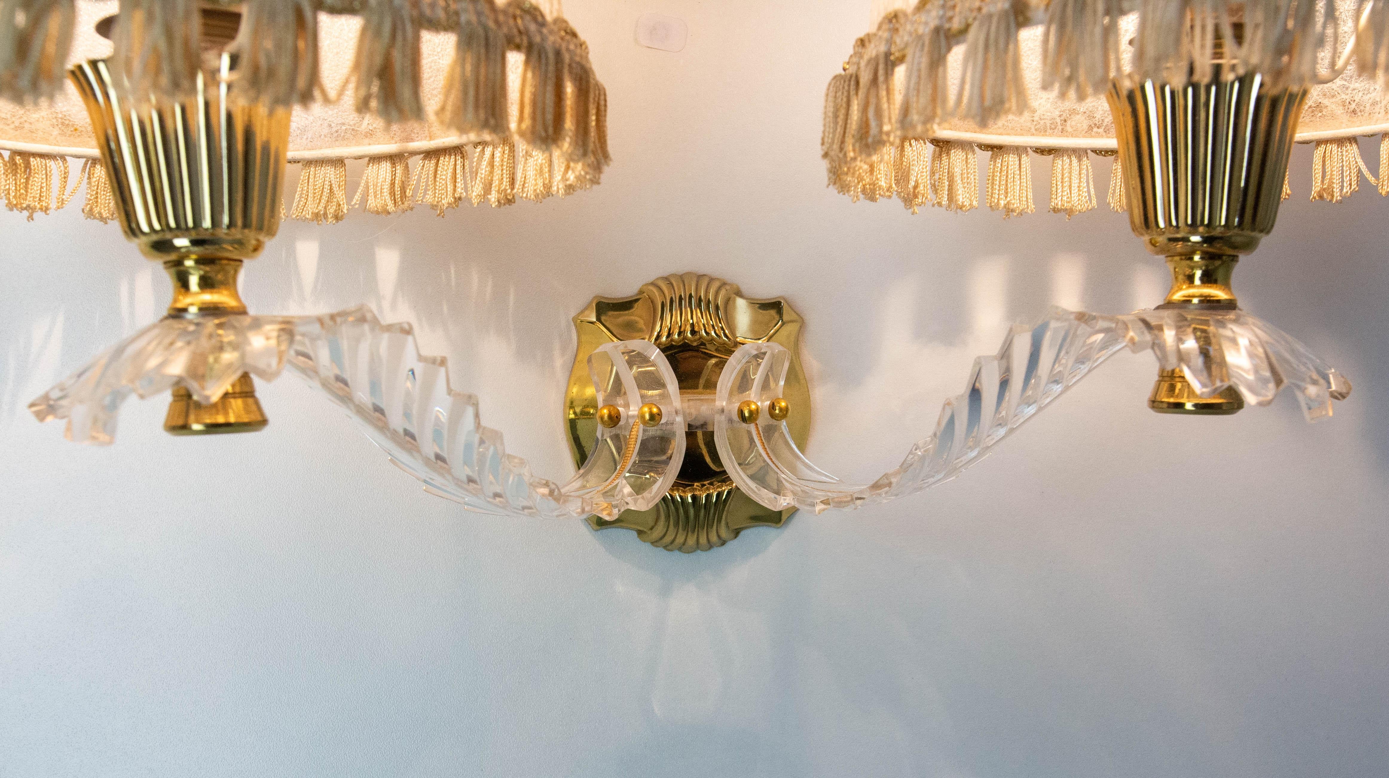 Pair of Double Sconces Brass and Resin with Lampshades, Louis XV style c 1960 en venta 1