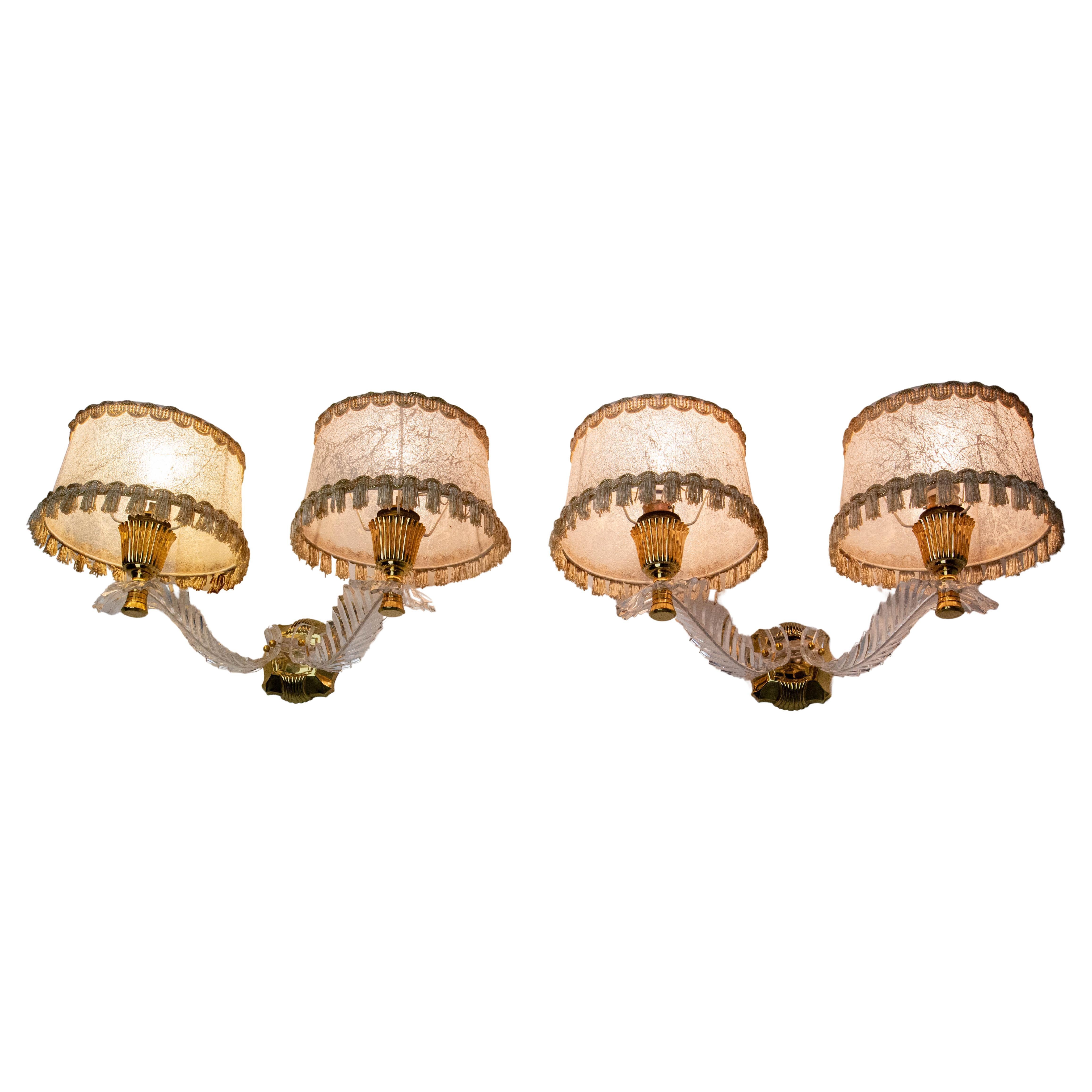 Pair of Double Sconces Brass and Resin with Lampshades, Louis XV style c 1960 en venta