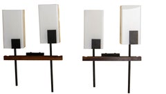 Pair of Double Sconces Opalin Glass, Black Metal & Teak c 1960 France