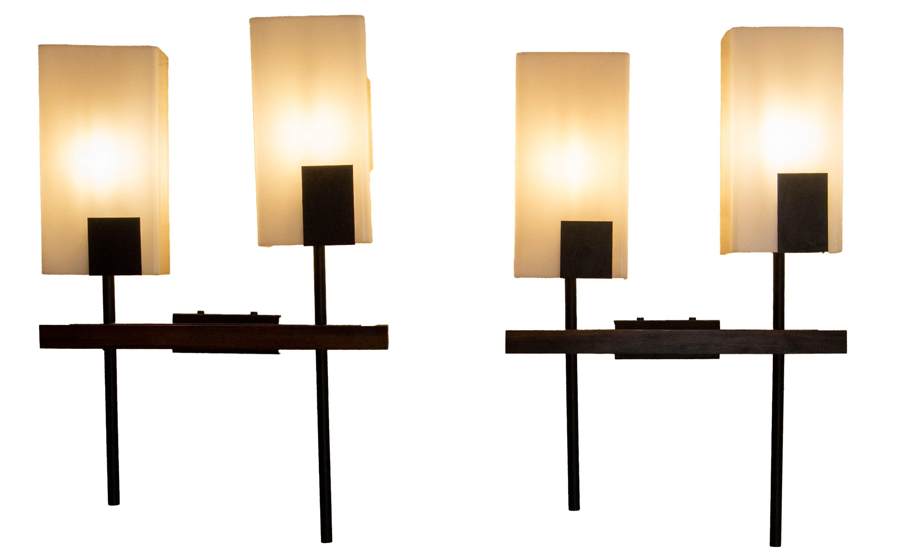 Mid-Century Modern Pair of Double Sconces Opalin Glass, Black Metal & Teak c 1960 France For Sale