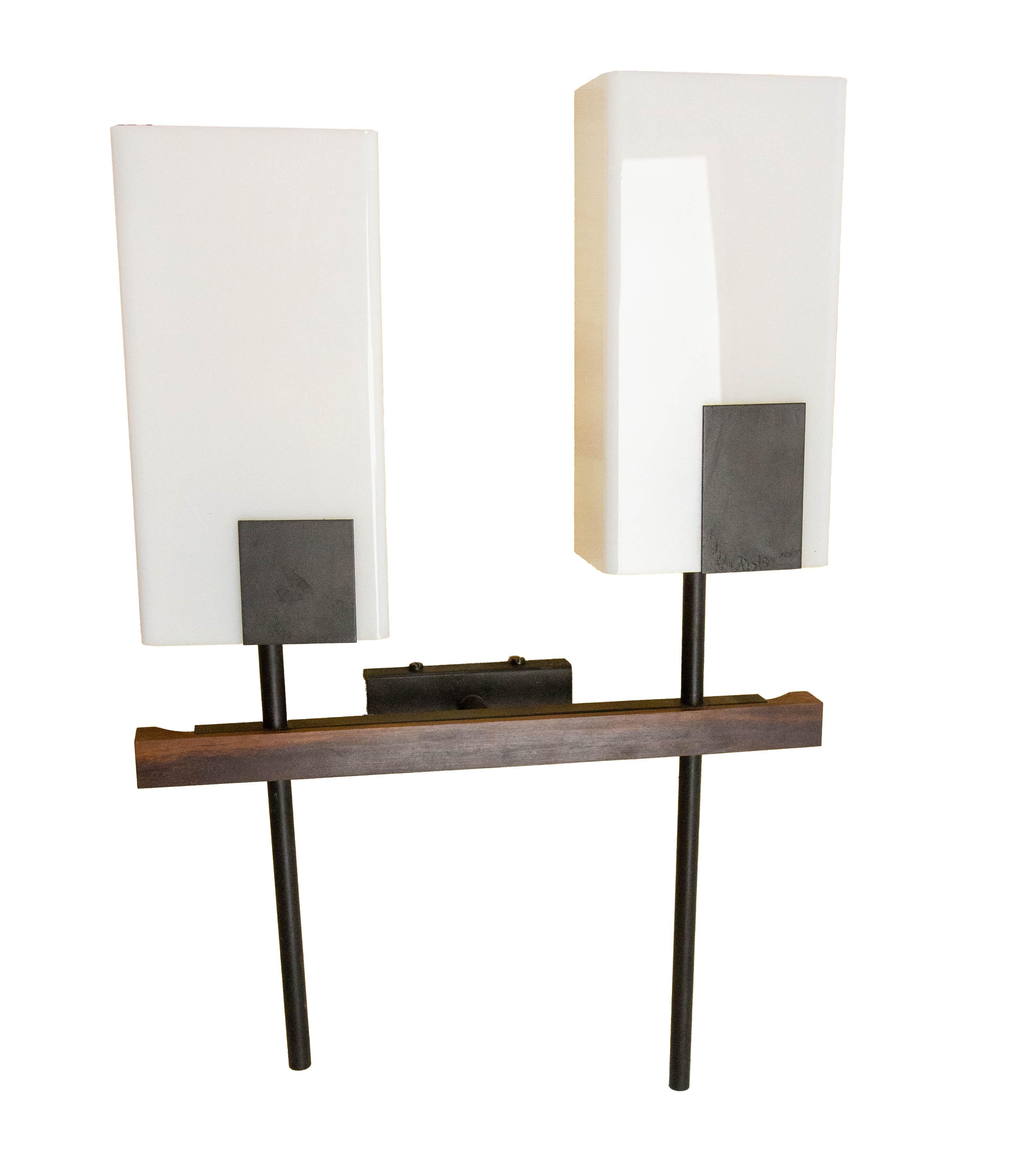 French Pair of Double Sconces Opalin Glass, Black Metal & Teak c 1960 France For Sale
