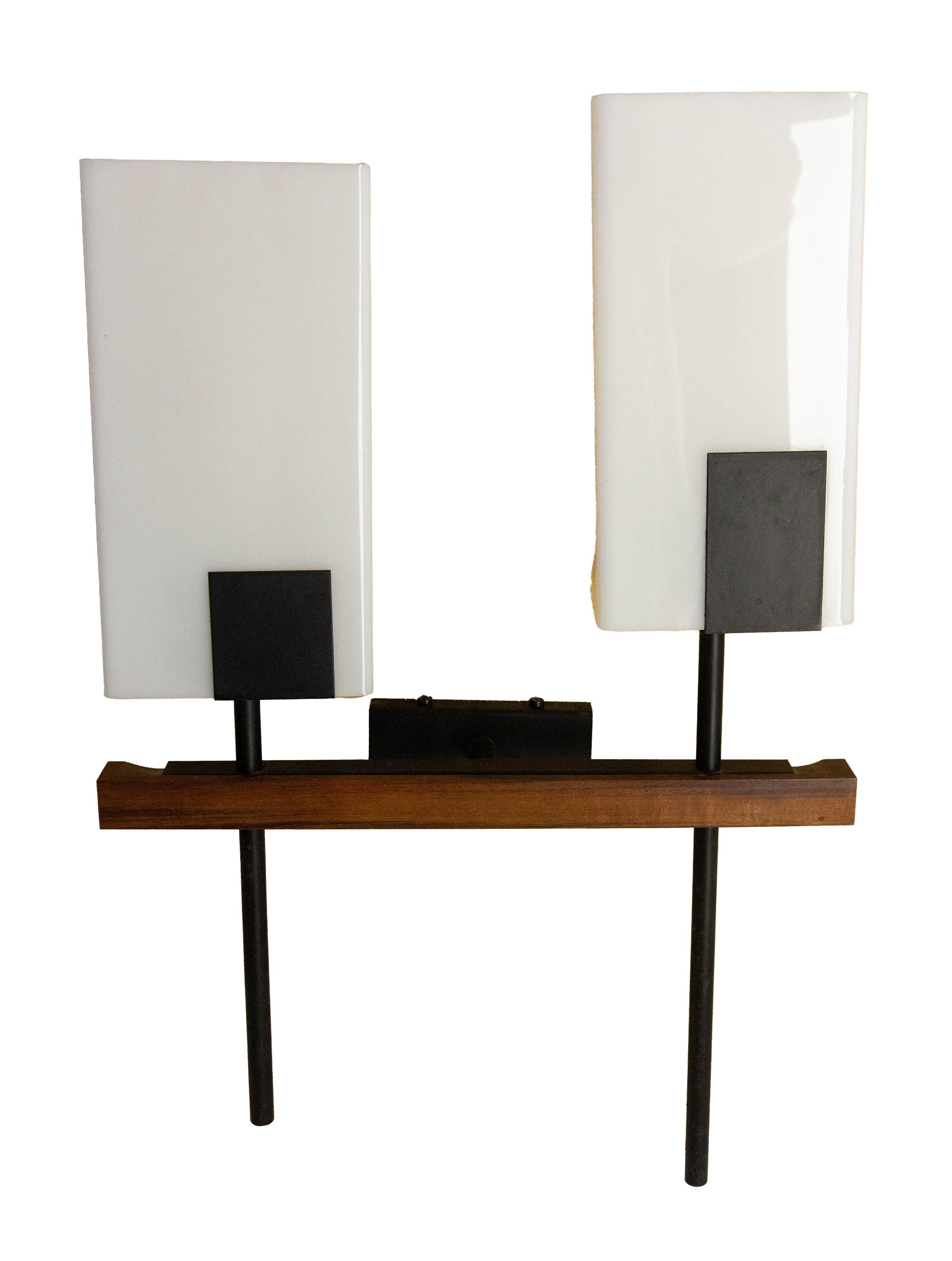 Pair of Double Sconces Opalin Glass, Black Metal & Teak c 1960 France In Good Condition For Sale In Labrit, Landes