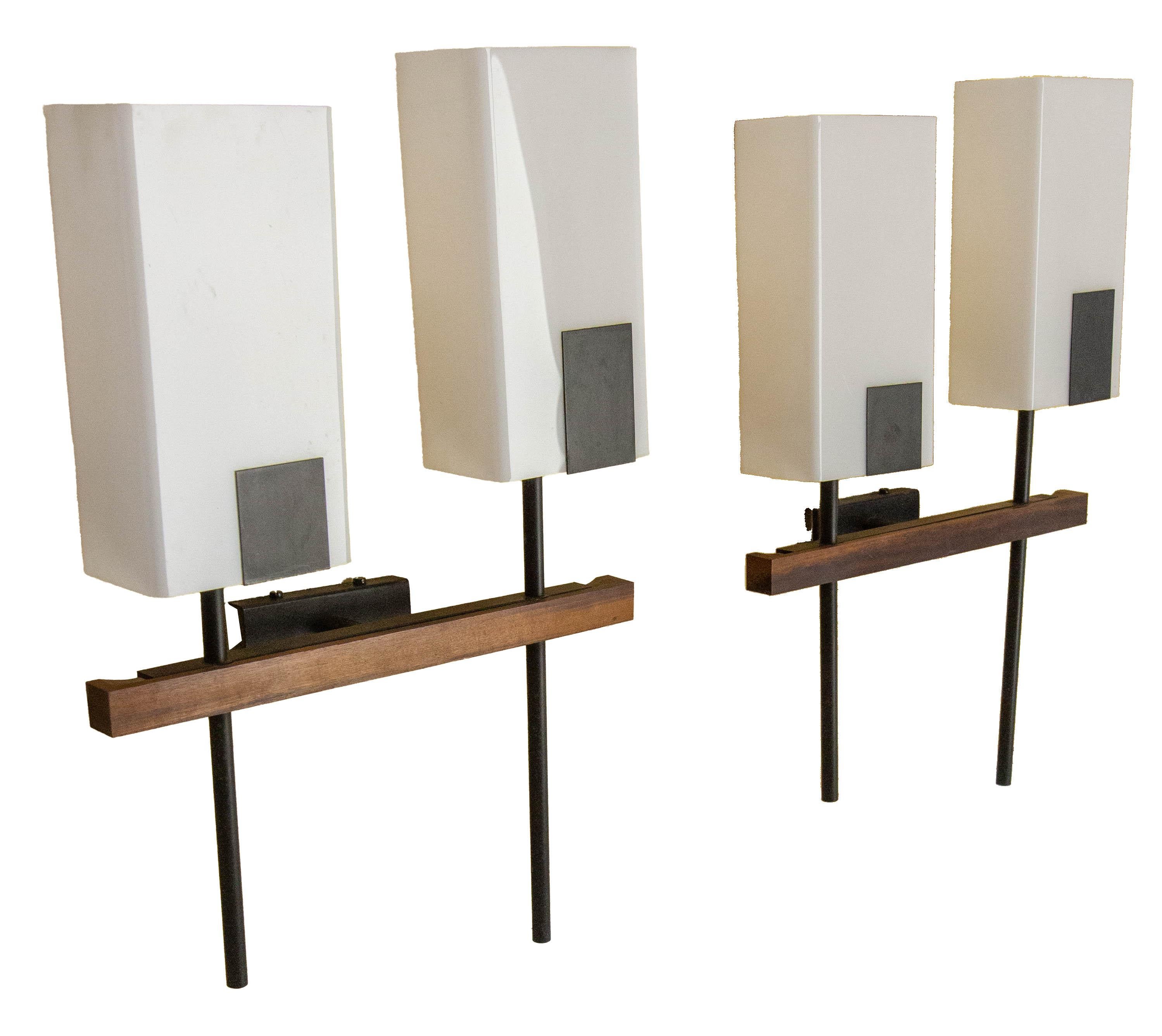 Mid-20th Century Pair of Double Sconces Opalin Glass, Black Metal & Teak c 1960 France For Sale