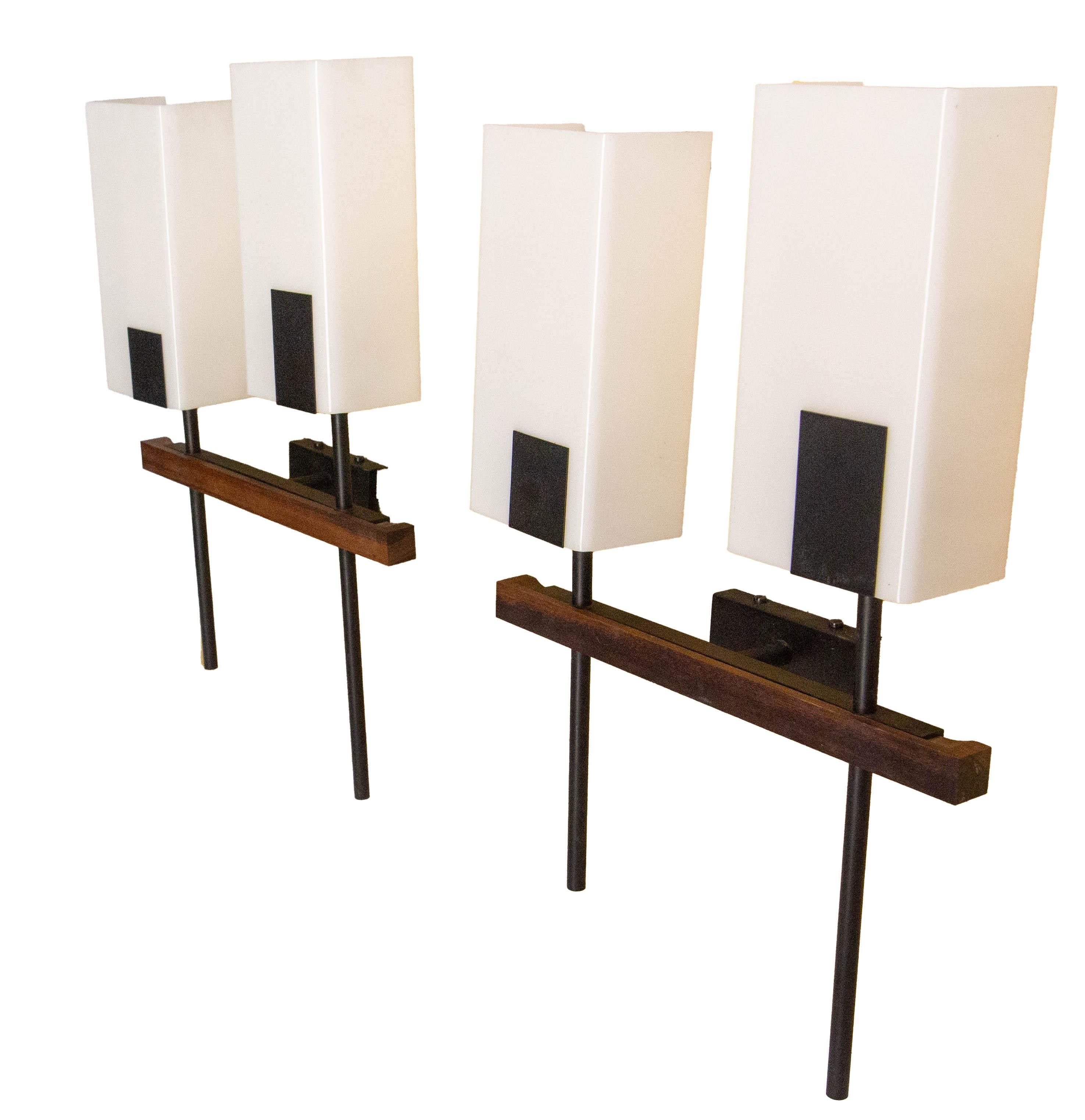 Pair of Double Sconces Opalin Glass, Black Metal & Teak c 1960 France For Sale 1