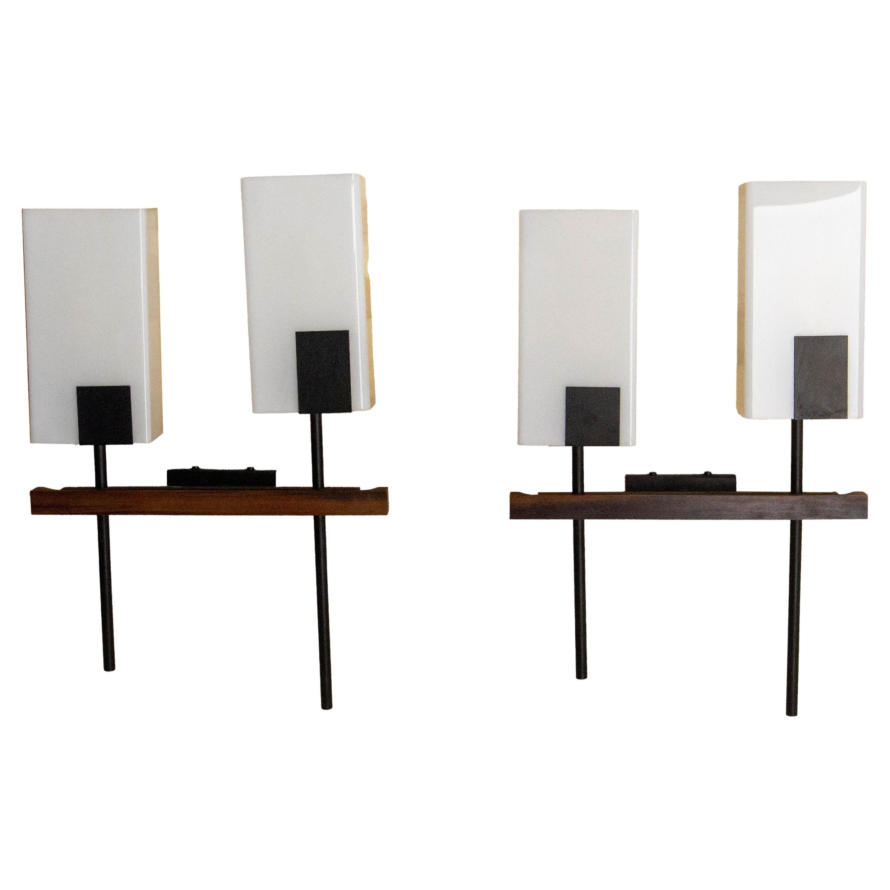 Pair of Double Sconces Opalin Glass, Black Metal & Teak c 1960 France