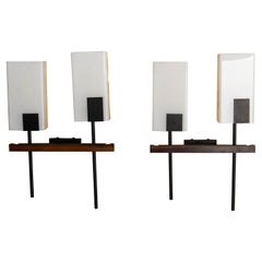 Pair of Double Sconces Opalin Glass, Black Metal & Teak c 1960 France