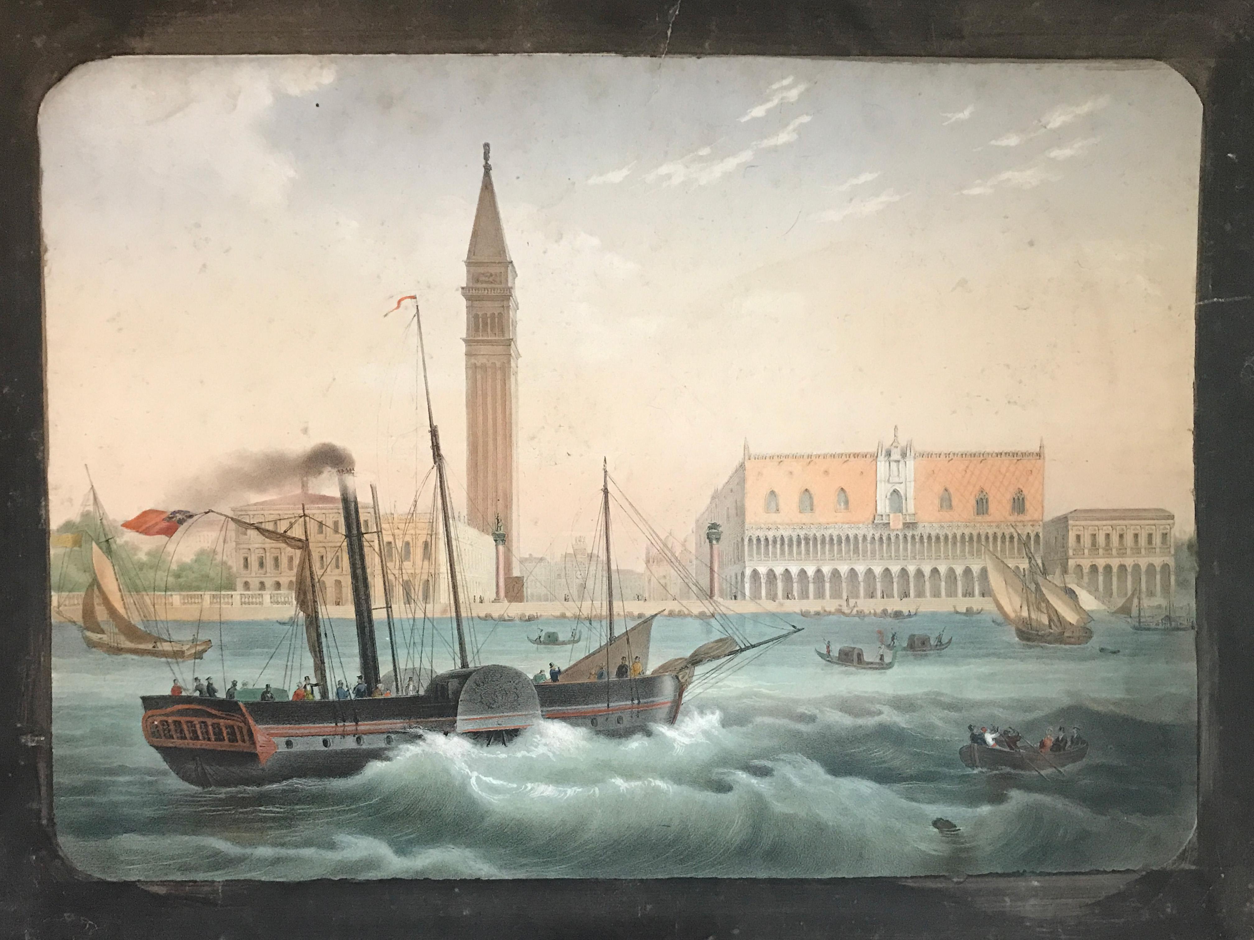 Pareja de acuarelas europeas de doble cara del siglo XIX - París, Venecia en venta 7