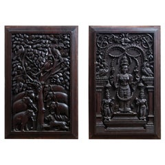 Pair of Double Sided South Indian Carved Wood Panels