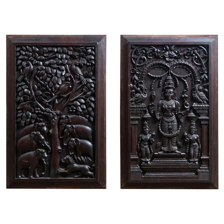 Pair of Double Sided South Indian Carved Wood Panels For Sale at 1stDibs