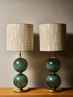 Pair of Double-Sphere Textured Green Glass Table Lamps with Polished Brass