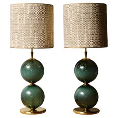 Pair of Double-Sphere Textured Green Glass Table Lamps with Polished Brass
