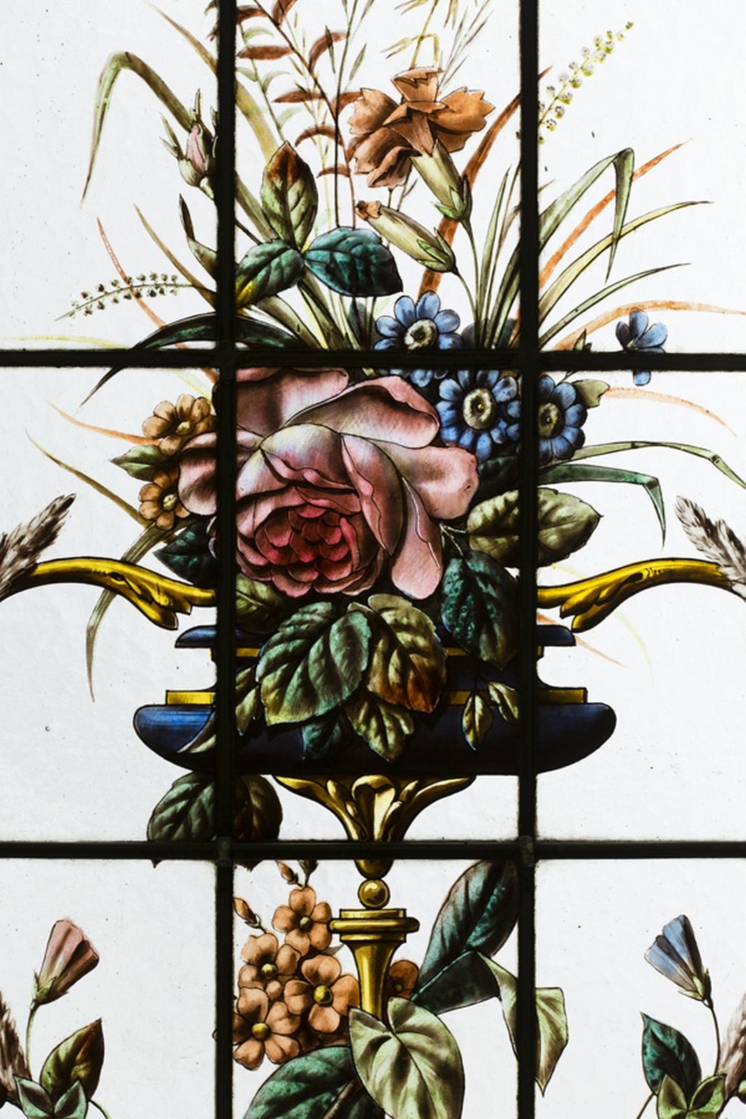 French Pair of Double Stained Glass Windows and Their Transoms, circa 1880