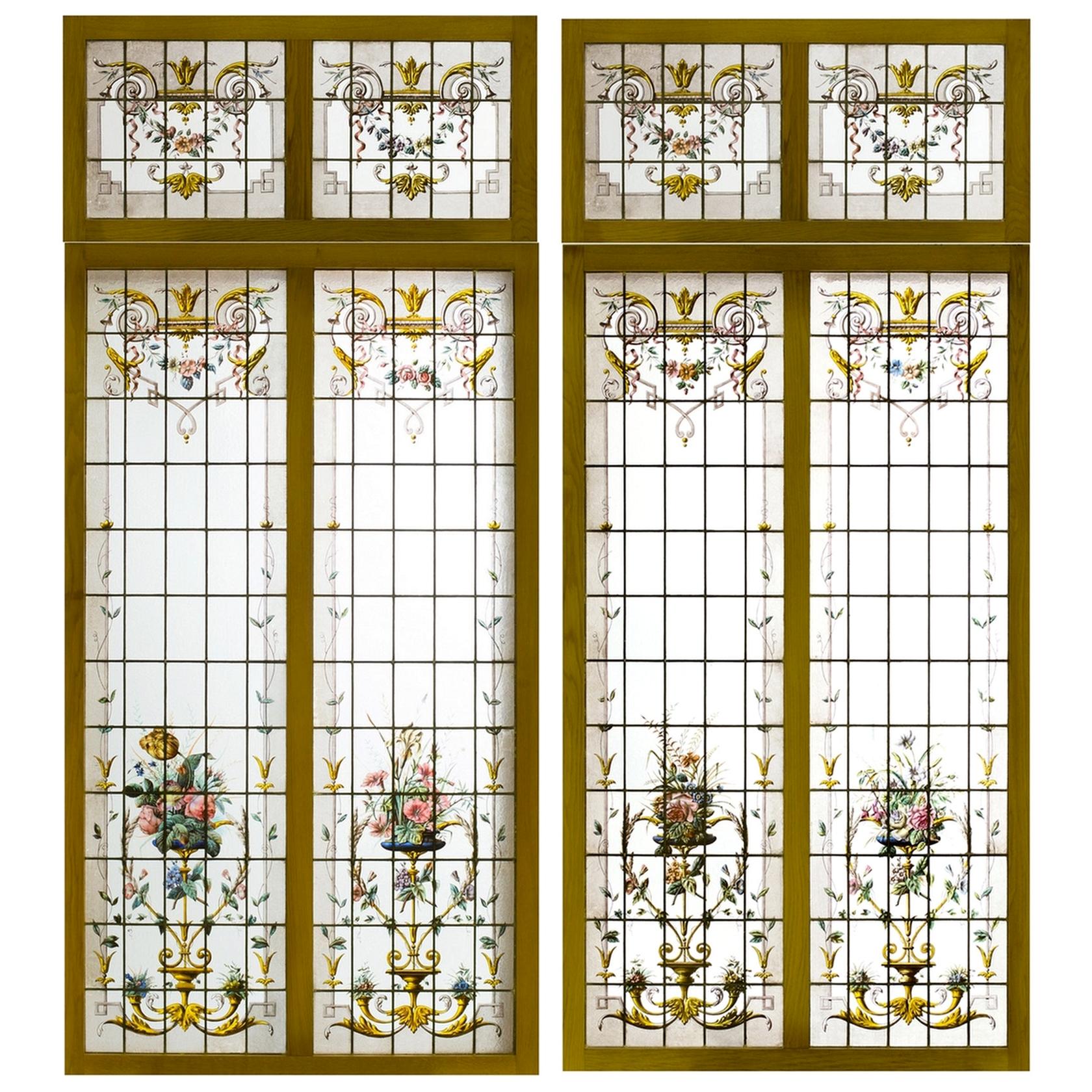 Pair of Double Stained Glass Windows and Their Transoms, circa 1880