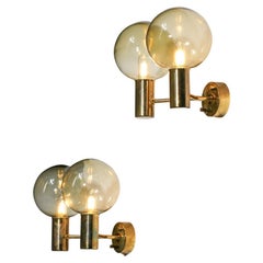 Pair of Double Swedish Sconces by Hans Agne Jakobsson Brass and Smoked Glasses