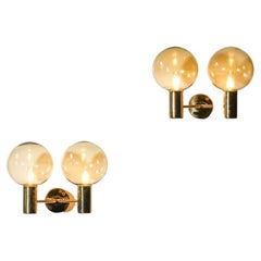 Pair of Double Swedish Sconces by Hans Agne Jakobsson Brass and Smoked Glasses